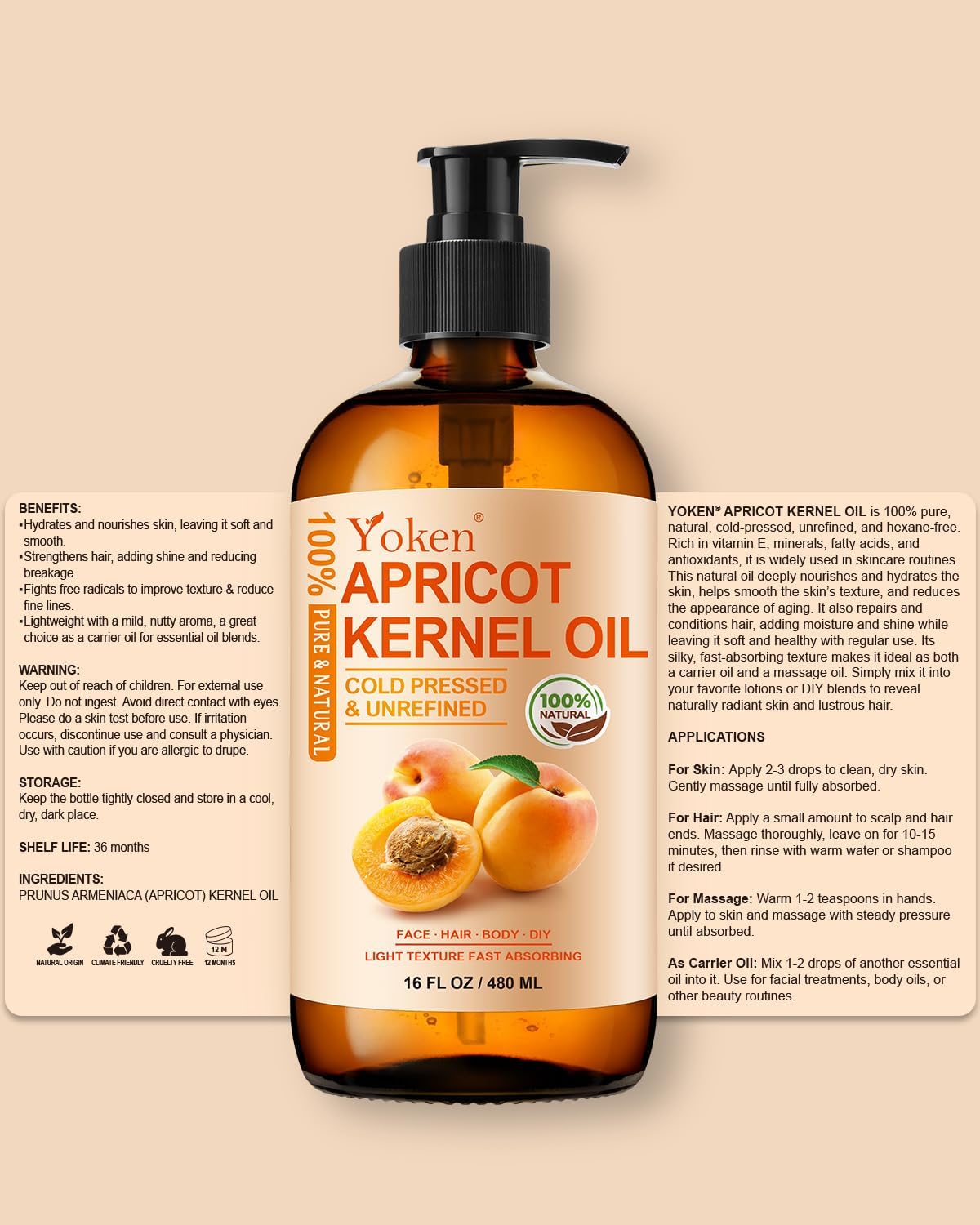 Yoken Cold Pressed Apricot Kernel Oil 16 fl oz Glass Bottle - Single Ingredient 100% Pure and Natural Apricot Oil, Lightweight Carrier & Massage Oil for Skin & Hair, Unscented & Hexane Free