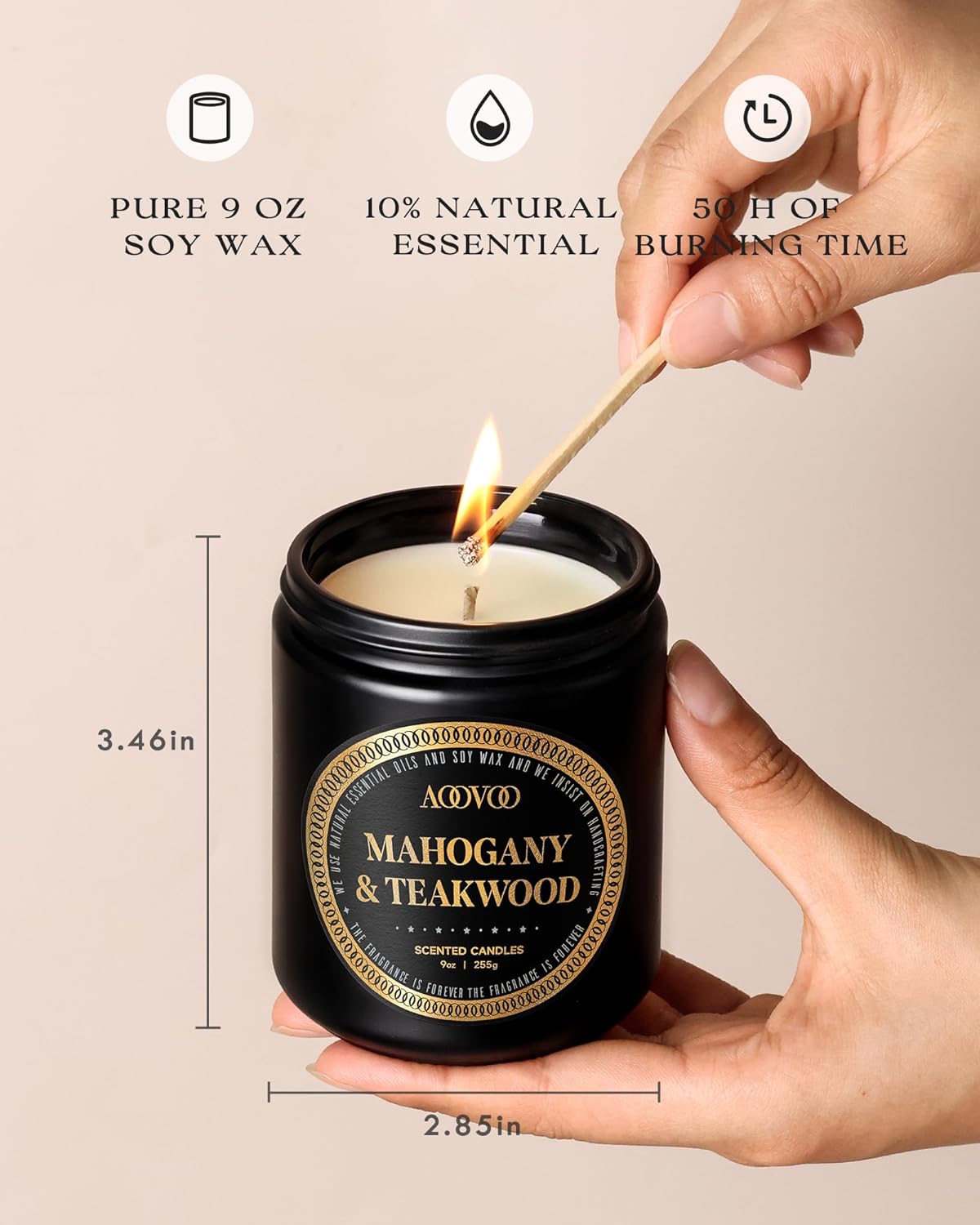 AOOVOO Scented Candles for Men - Mahogany & Teakwood Candles for Home Scented | Soy Candles | Strong Fragranced Masculine Black Candle Gift for Women & Men, 9oz