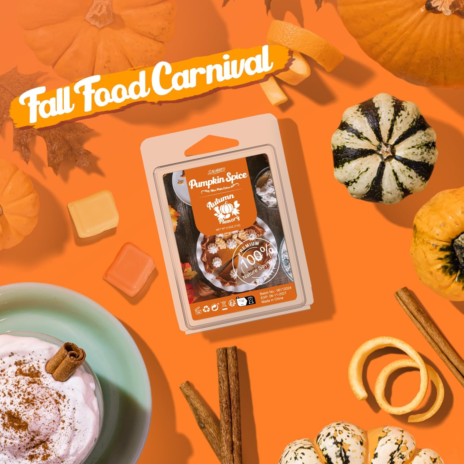 Salubrito Fall Scented Wax Melts, Strong Scented Soy Wax Cubes/Tarts Variety Set- Pumpkin Spice, Cinnamon, Spiced Cider, Snickerdoodle, Balsam Pine, Candy Corn, Fall Harvest, Apple Pie, 8x2.5oz