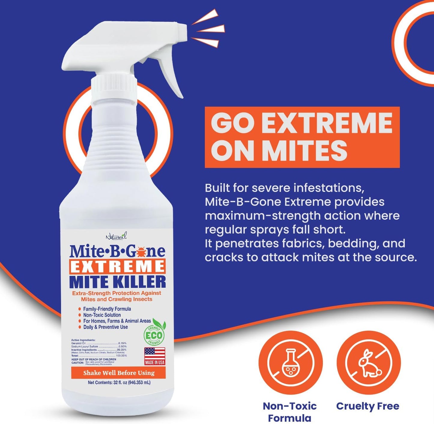 Mite-B-Gone Extreme Mite Killer Spray, 32 oz – Extra-Strength Surface Treatment for Bedding, Furniture, Carpets, Home & Pet Use – Plant-Based, Made in USA