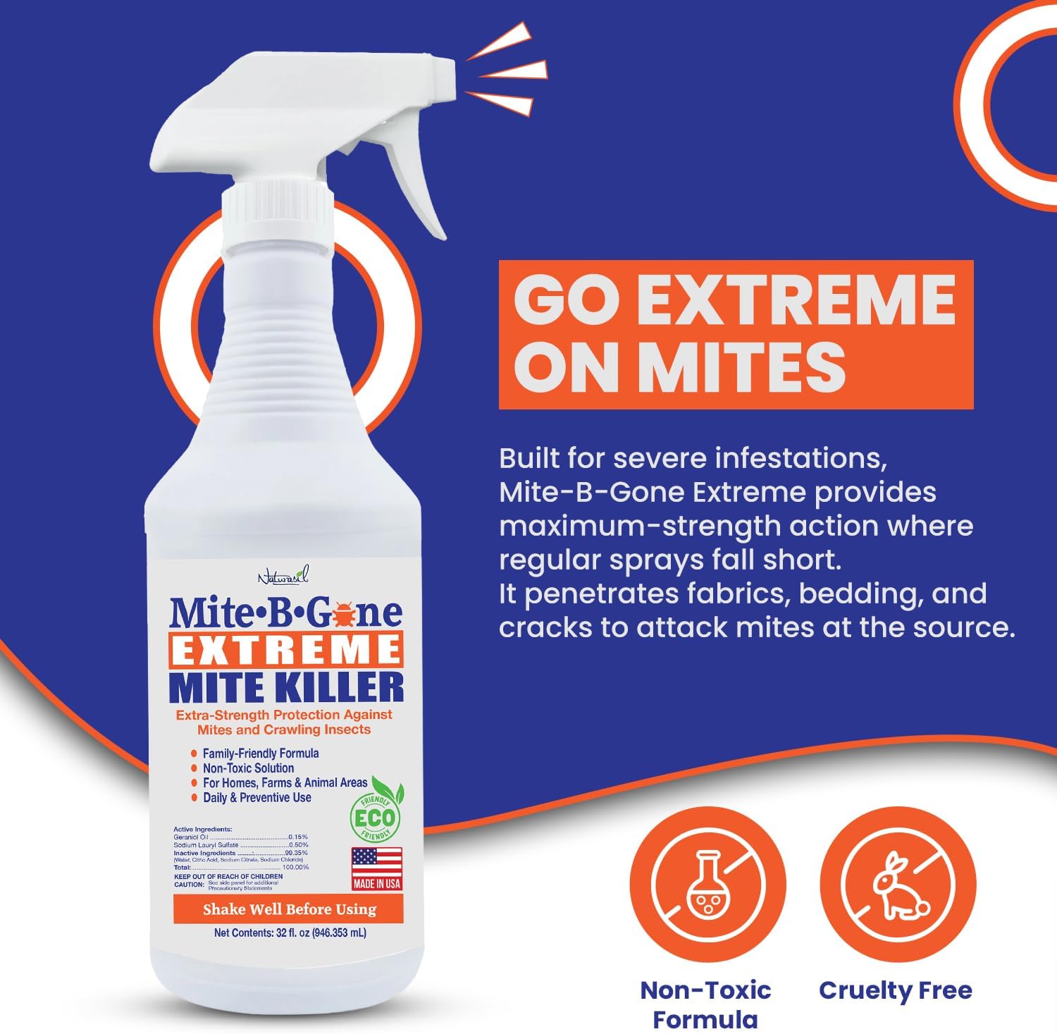 Mite-B-Gone Extreme Mite Killer Spray, 32 oz – Extra-Strength Surface Treatment for Bedding, Furniture, Carpets, Home & Pet Use – Plant-Based, Made in USA