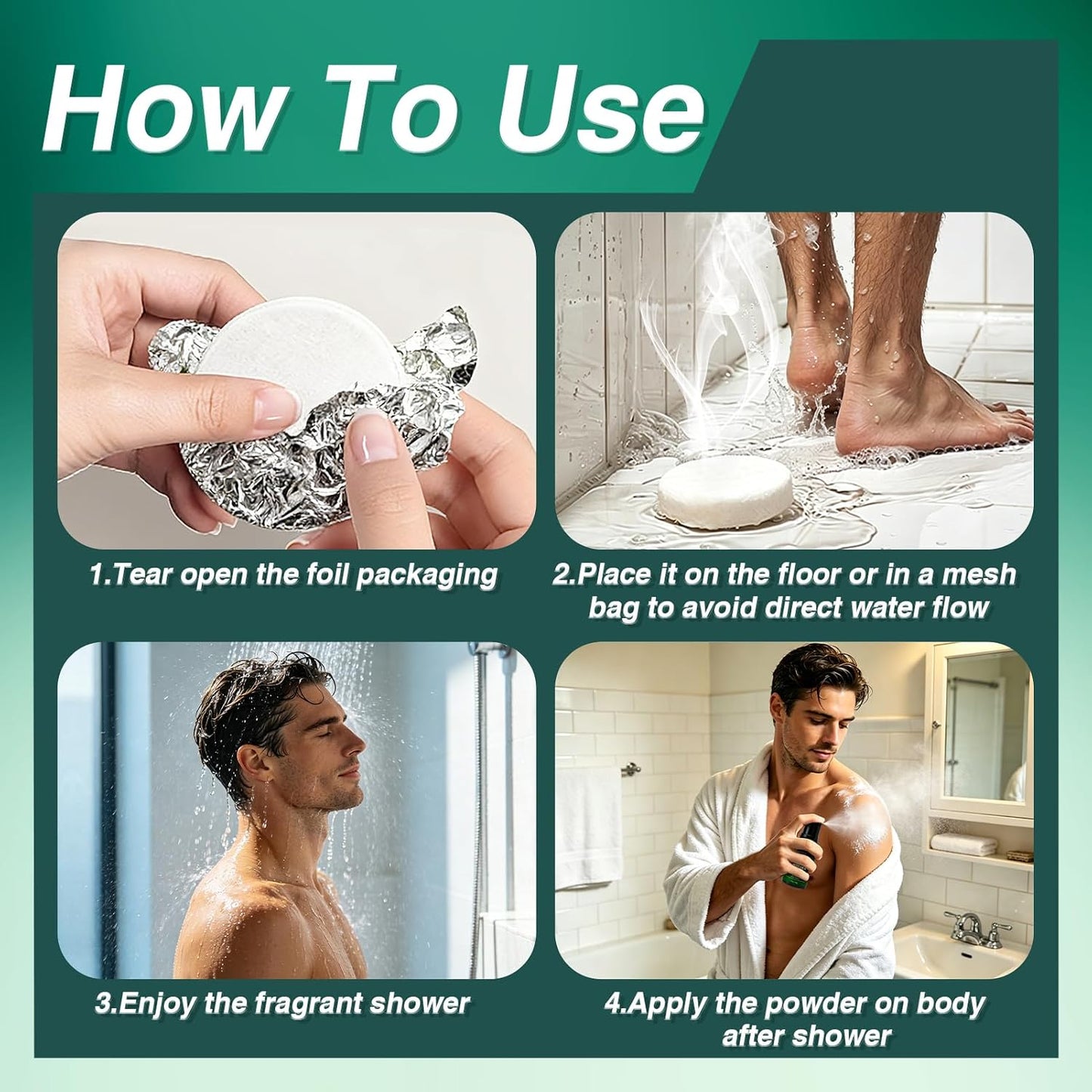 Pjordo Shower Steamers for Men, Fathers Day Gift for Dad, 8 Pcs Shower Bombs with Natural Essential Oil & 1 Pcs Body Powder for After Shower, Self Care Aromatherapy Relaxation Home Spa
