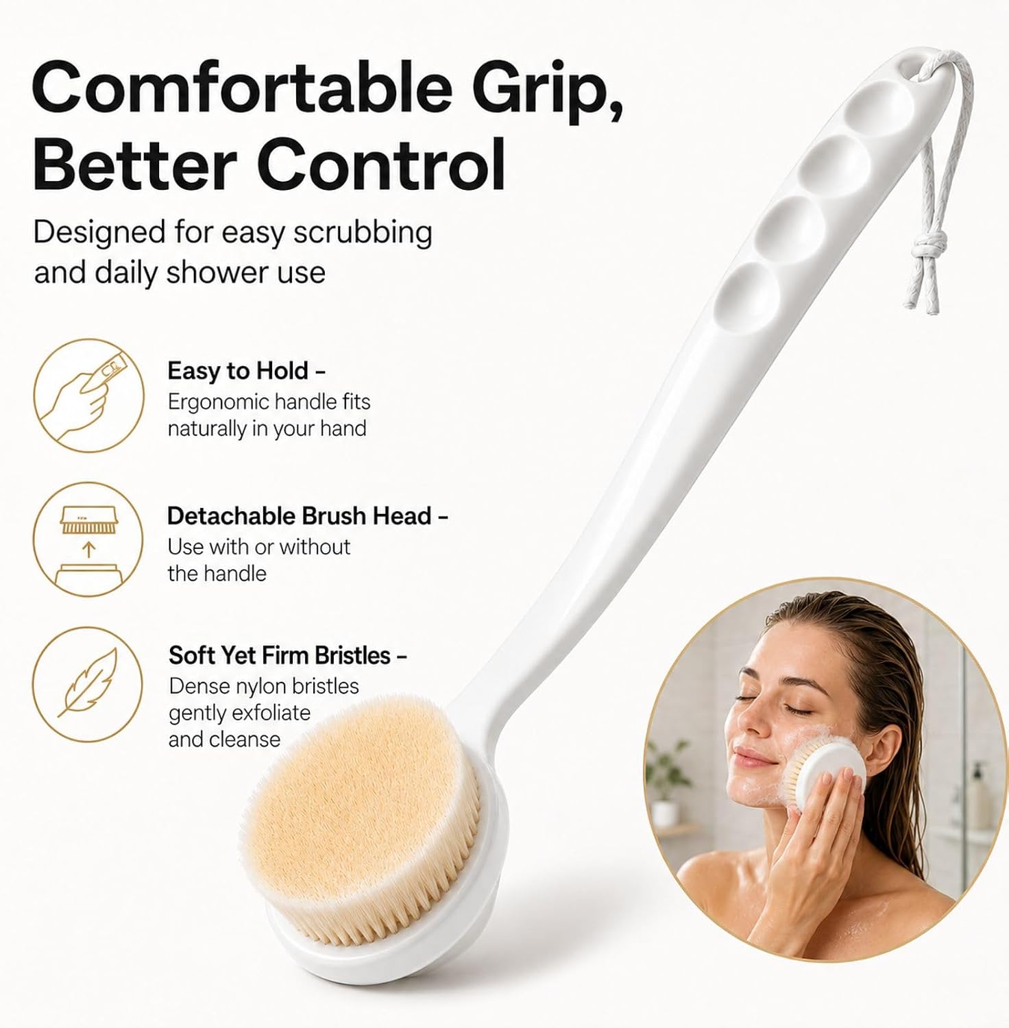 Lequin 14-Inch Handle Bath Brush for Shower, Detachable Back Scrubber with Medium Firm Bristles,Wet or Dry Brushing Body Brush, Exfoliating Shower Scrubber for Back, Legs, Arms and Feet