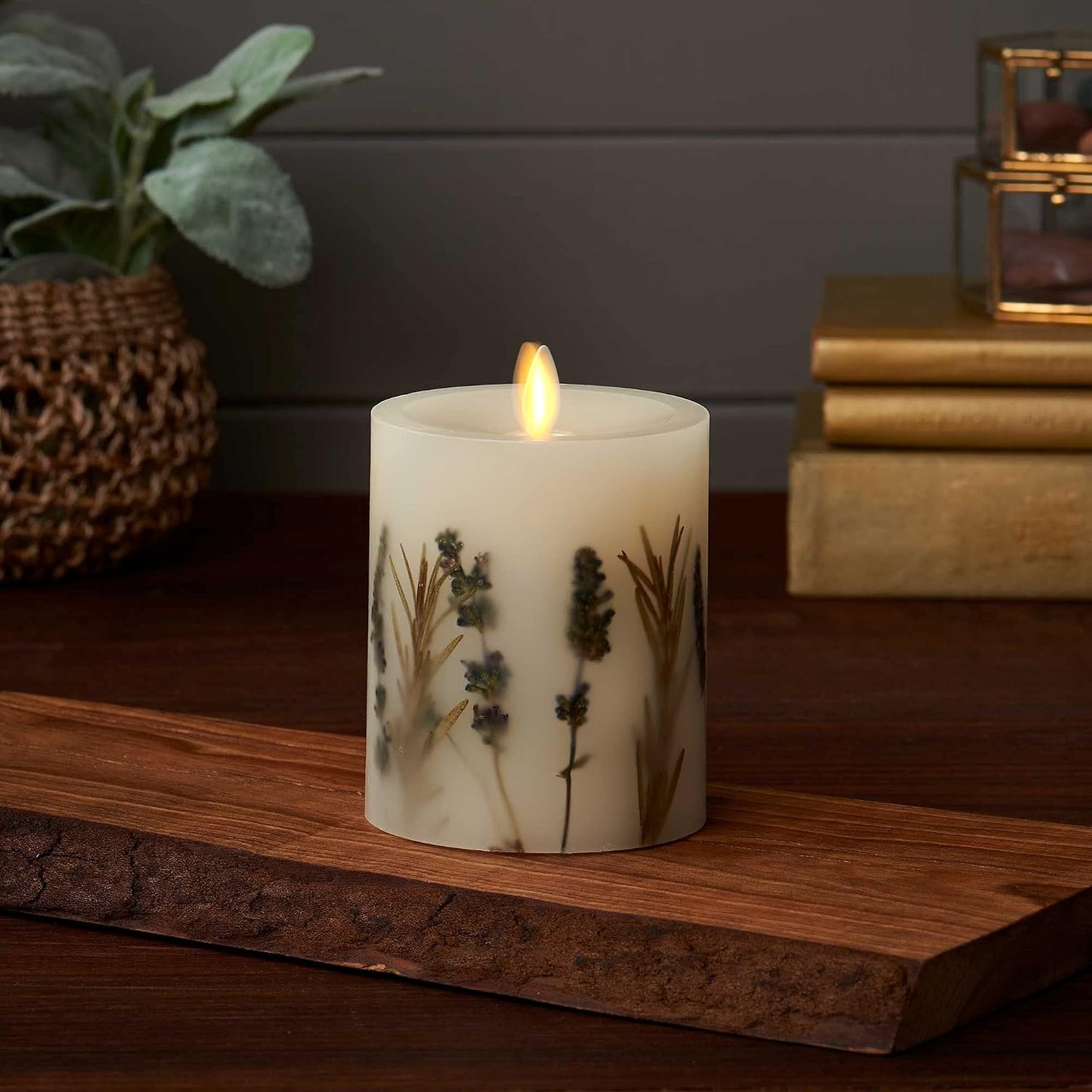 Luminara Realistic Artificial Moving Flame Pillar Candle with Lavender & Rosemary Inclusion - Moving Flame LED Battery Operated Lights - Remote Ready - Remote Sold Separately - 3.25" x 4.5"