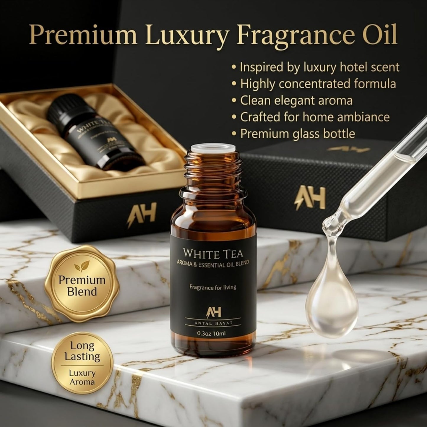 Hotel Diffuser Oil Inspired by The White Tea Hotel Scent - Home Luxury Scents - Premium Fragrance Oil for Ultrasonic and Waterless Diffusers and Crafting - 10 mL, 0.34 fl oz Glass Dropper Bottle