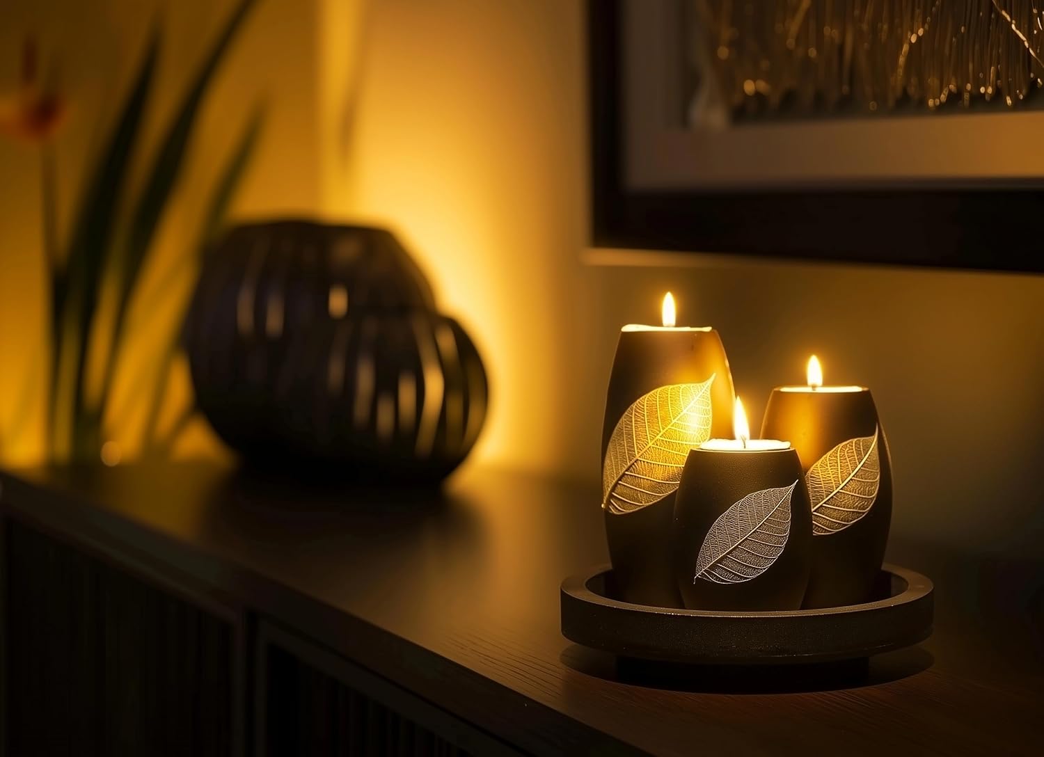 IYARA CRAFT Candle Holder Set with Tray – 3 Handmade Wood Tealight Holders, Black Leaf Design, Winter Home Décor, Spa-Inspired Holiday Centerpiece & Elegant for Women, Mom, Housewarming