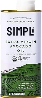 SIMPLi Regenerative Organic Certified® Extra Virgin Avocado Oil, High Smoke Point, Rich in Antioxidants, Cold-Pressed, Non-GMO, 16.9 fl oz