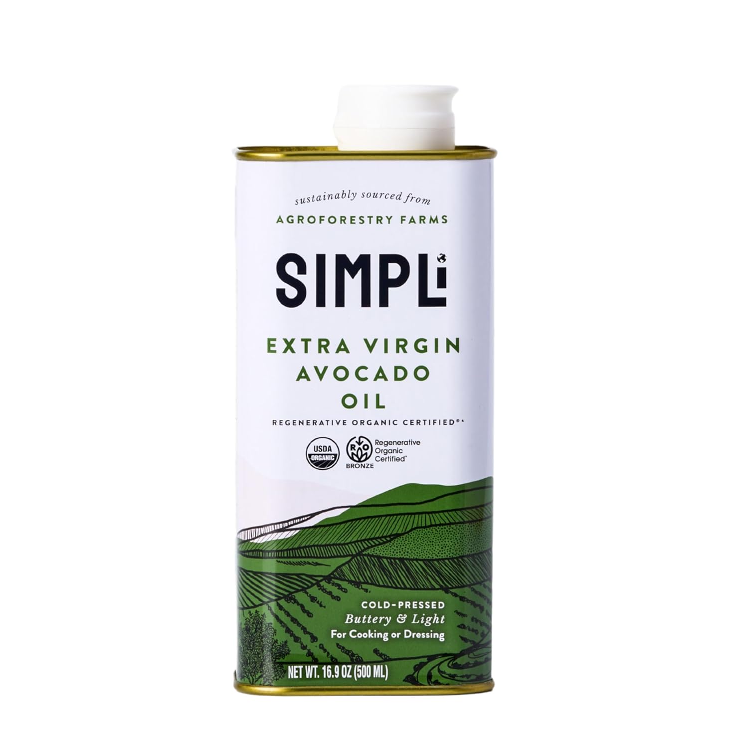 SIMPLi Regenerative Organic Certified® Extra Virgin Avocado Oil, High Smoke Point, Rich in Antioxidants, Cold-Pressed, Non-GMO, 16.9 fl oz