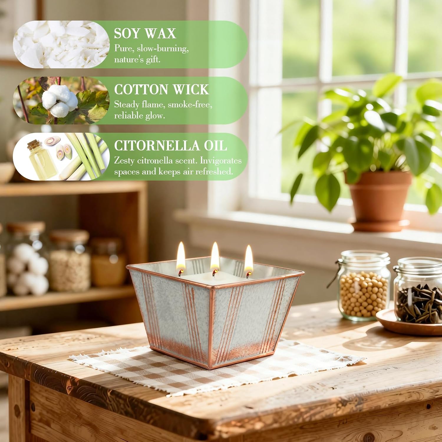 Citronella Candles Outdoor, 24OZ Large Size 3-Wick Citronella Candles, 2 Pack Lemongrass Candle, Natural Soy Wax Candle, 120 Hours Long Burning Candle for Patio Garden Camping Indoor Home Decor