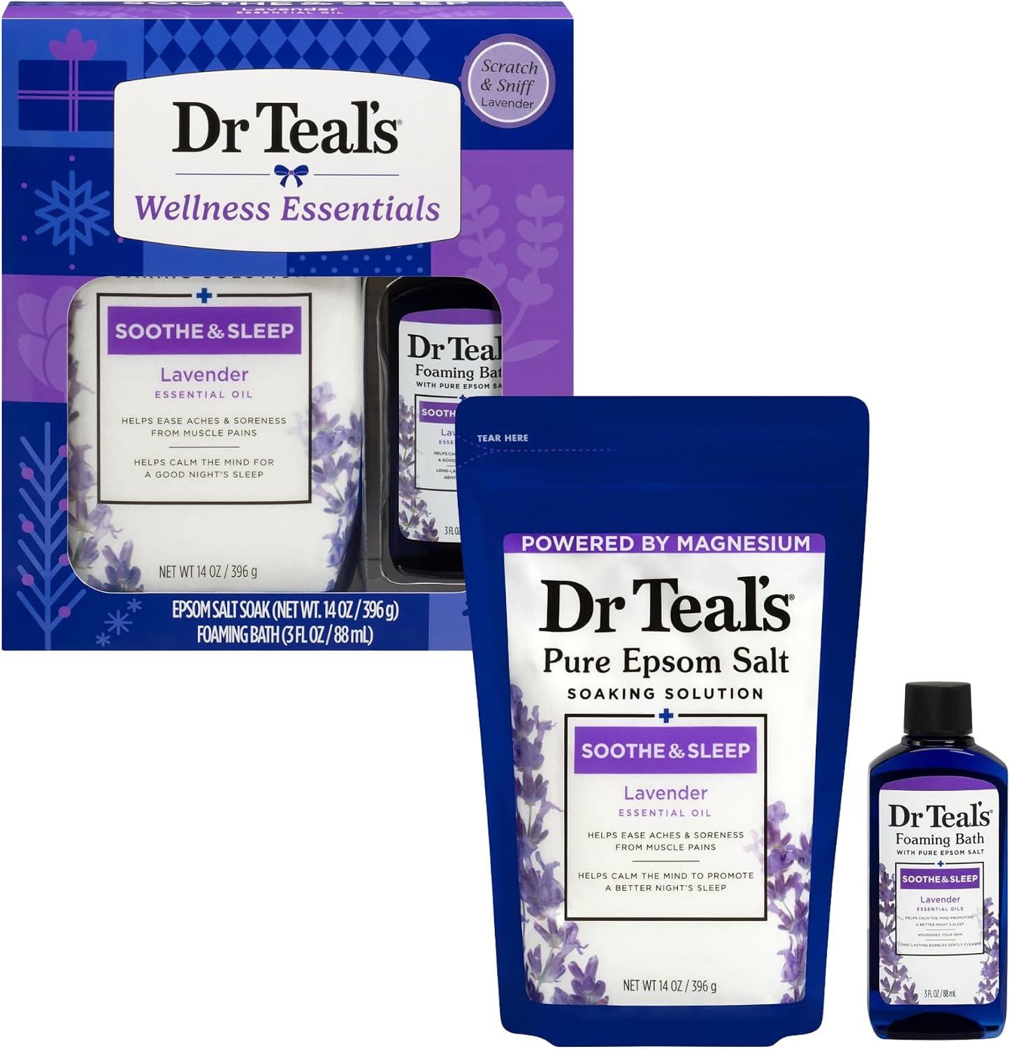 Dr Teal's Holiday Limited Edition Bath Gift Set | Epsom Salt Soak and Foaming Liquid, 14 oz Salt, 3 fl oz Bath (Lavender)