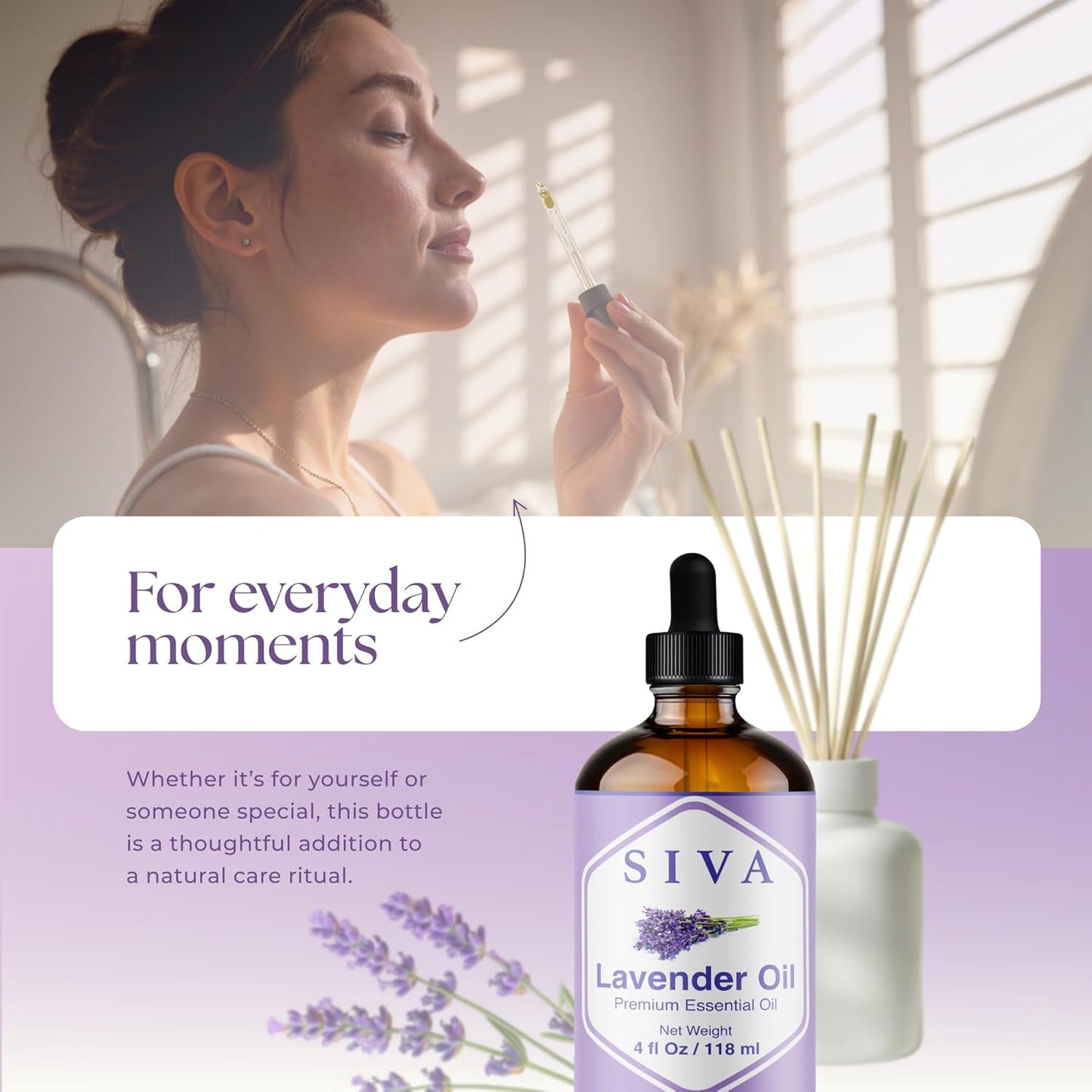 Siva Lavender Essential Oil 4 Fl Oz – for Diffuser, Skin & Hair Care – Ideal for Aromatherapy, Massage & DIY Blends – with Dropper