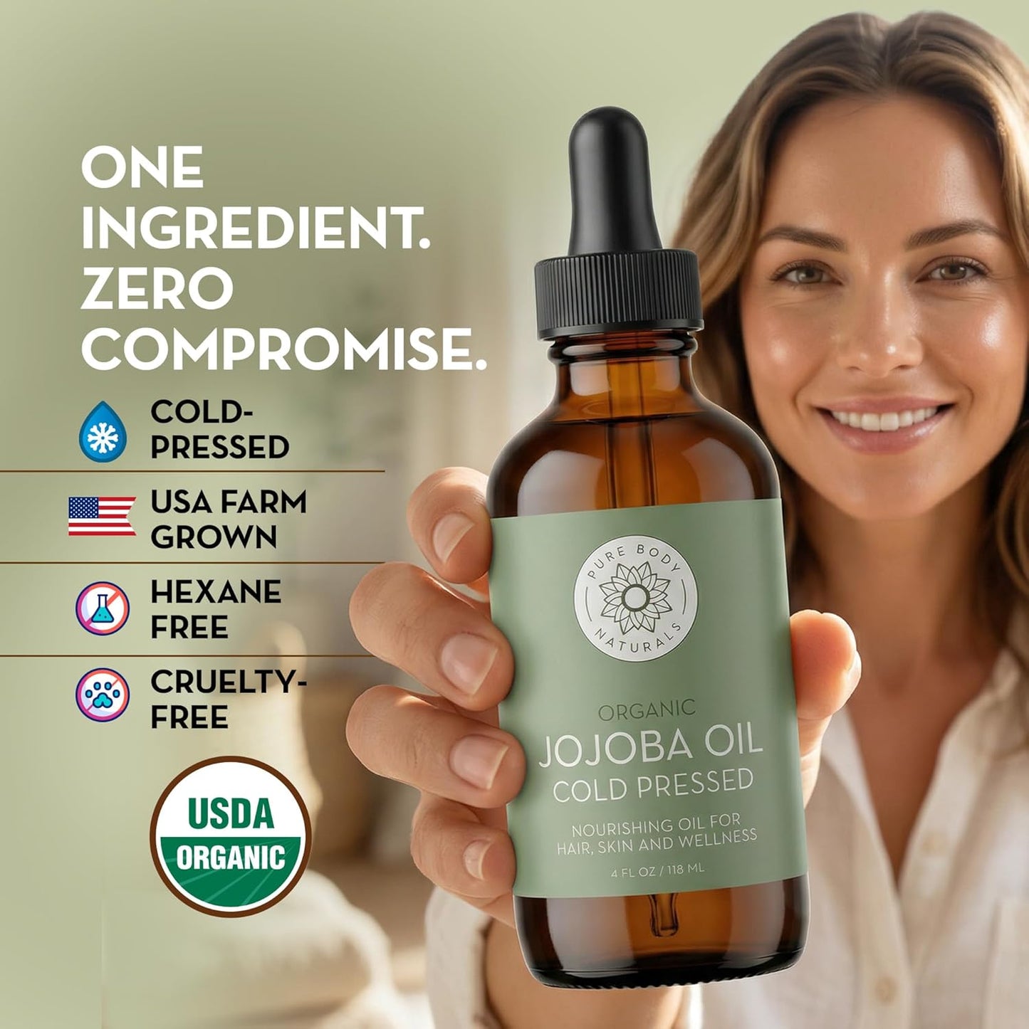 Pure Body Naturals Organic Jojoba Oil, 4 Fl Oz - 100% Pure, Organic, USA-Sourced, Cold Pressed Jojoba Oil for Skin, Face, Nails and Hair - Carrier Oil for Mixing Essential Oils