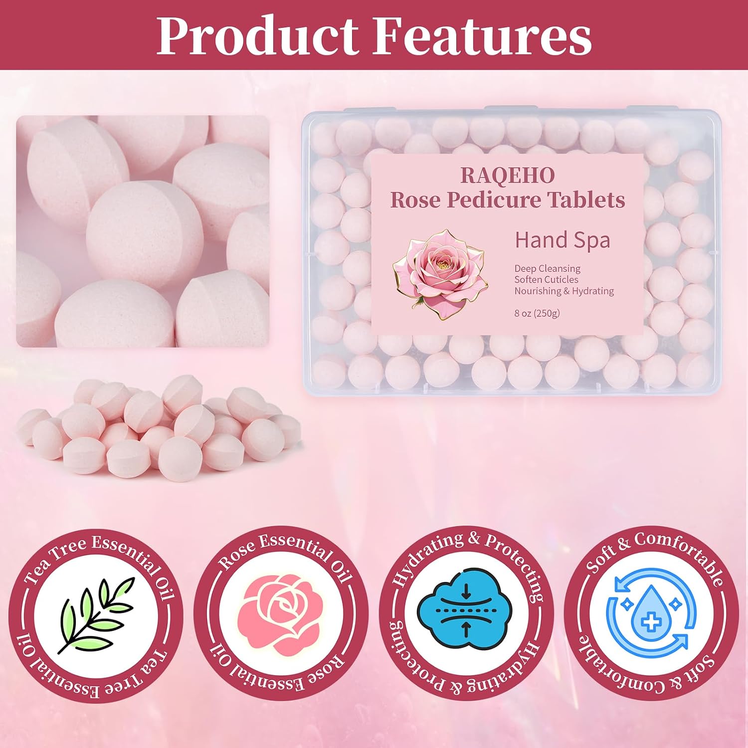 Manicure Spa Balls 8oz -Rose Soak Balls Moisturizing Tablets Cuticle Soften Bombas Efervescentes Para Pedicure Spa Nail Supplies Tools for Hand Soak Pedicure Soak Nail Care Nail Salon（80count）