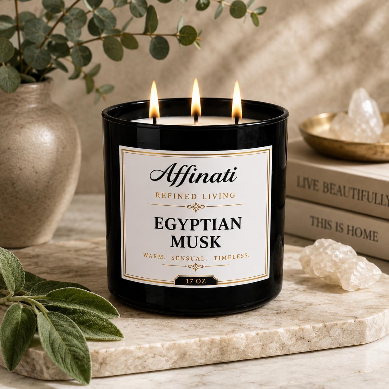 Egyptian Musk Affinati 3-Wick Candle - 17 oz Luxury Soy Blend, Long-Lasting Clean & Fresh Home Fragrance, Premium Soft Powder Scented Candles Jar, Spa Aromatherapy & Luxury Gifts for Women