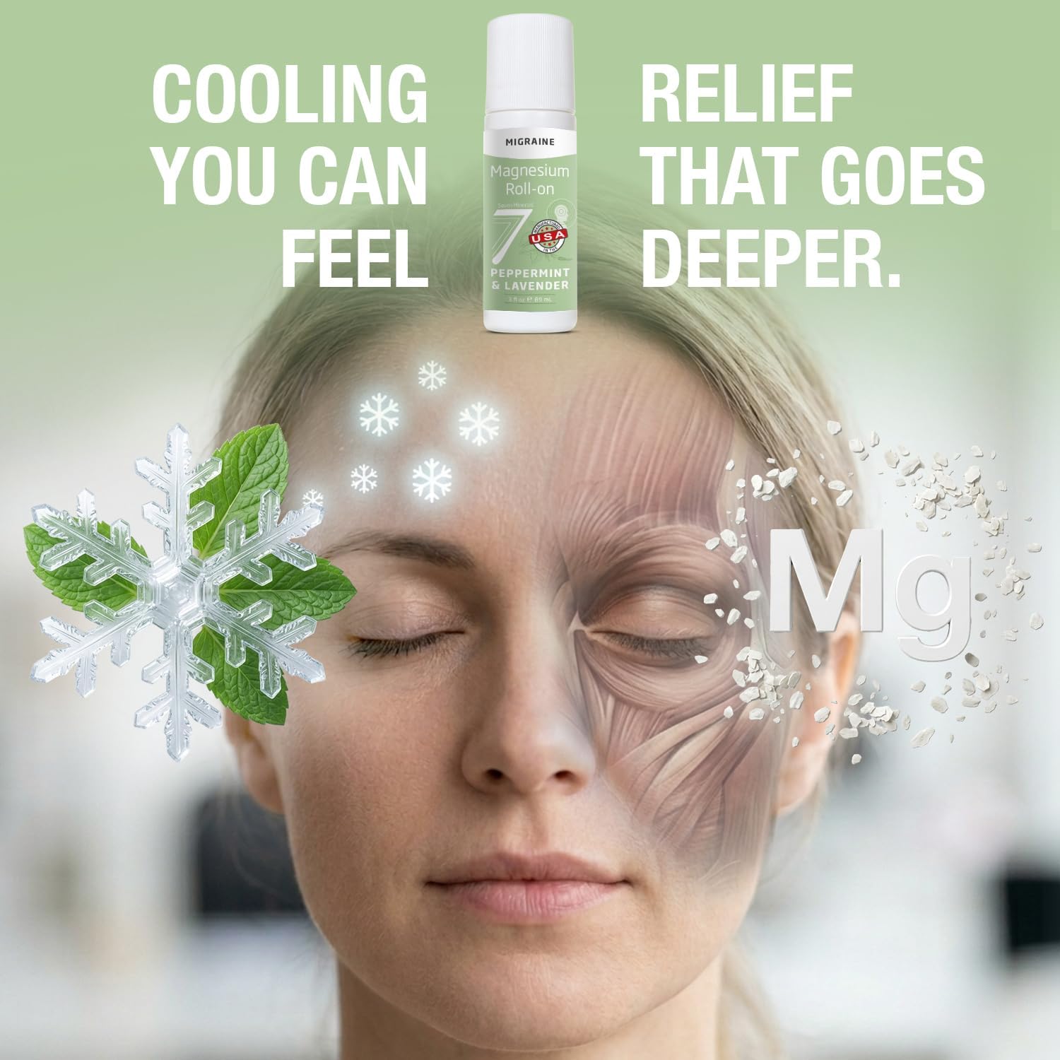 Seven Minerals Migraine Roll On Stick with Magnesium, Peppermint & Lavender - Natural Tension Headache Relief with Real Magnesium, Not Just Oils, USA Made, 3 Fl Oz