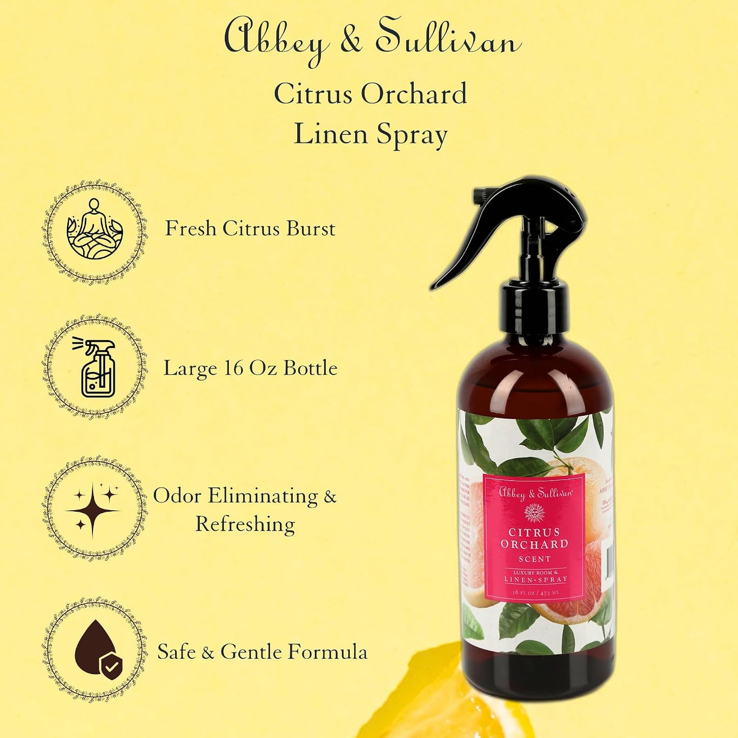 Abbey & Sullivan Linen Spray, Citrus Orchard, Fabric Freshener and Fragrance Room Spray, Pack of 2, 16 oz