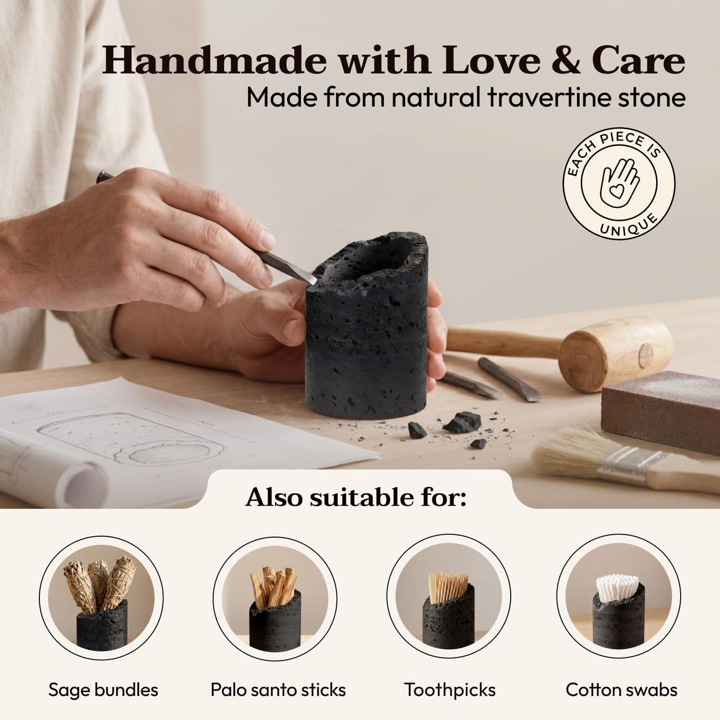 Ceramic Match Holder with Striker - Set of 2 - Handmade Match Box - Matches in a Jar for Bathroom Candle -Black 10 Extra Striker Pads - Modern Bathroom & Home Decor Gift - Matte Black & Speckled White