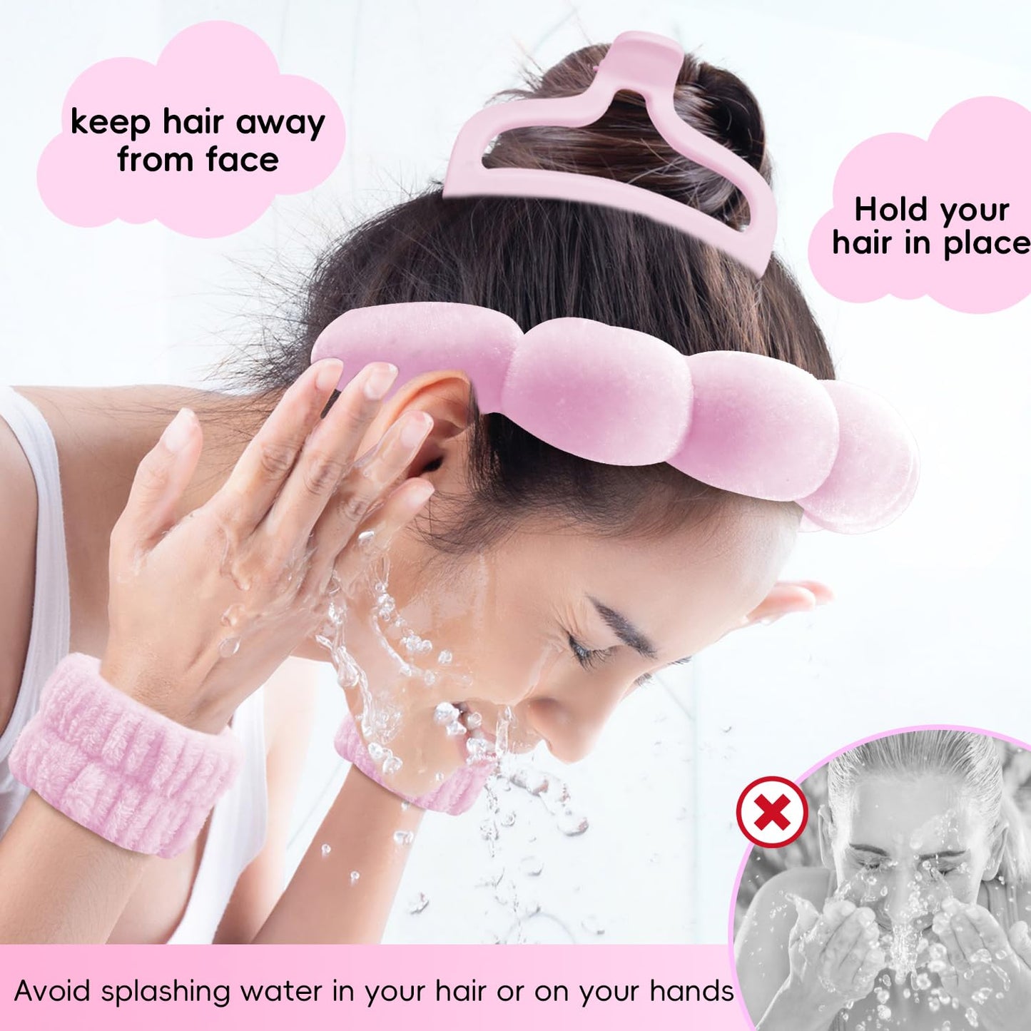 my novel things Spa Headband for Washing Face, Cute Skincare Headband and Wristband With Hair Clips Gift Set for Women Girl, Soft-Puffy Velvet Makeup Headbands (Pink)