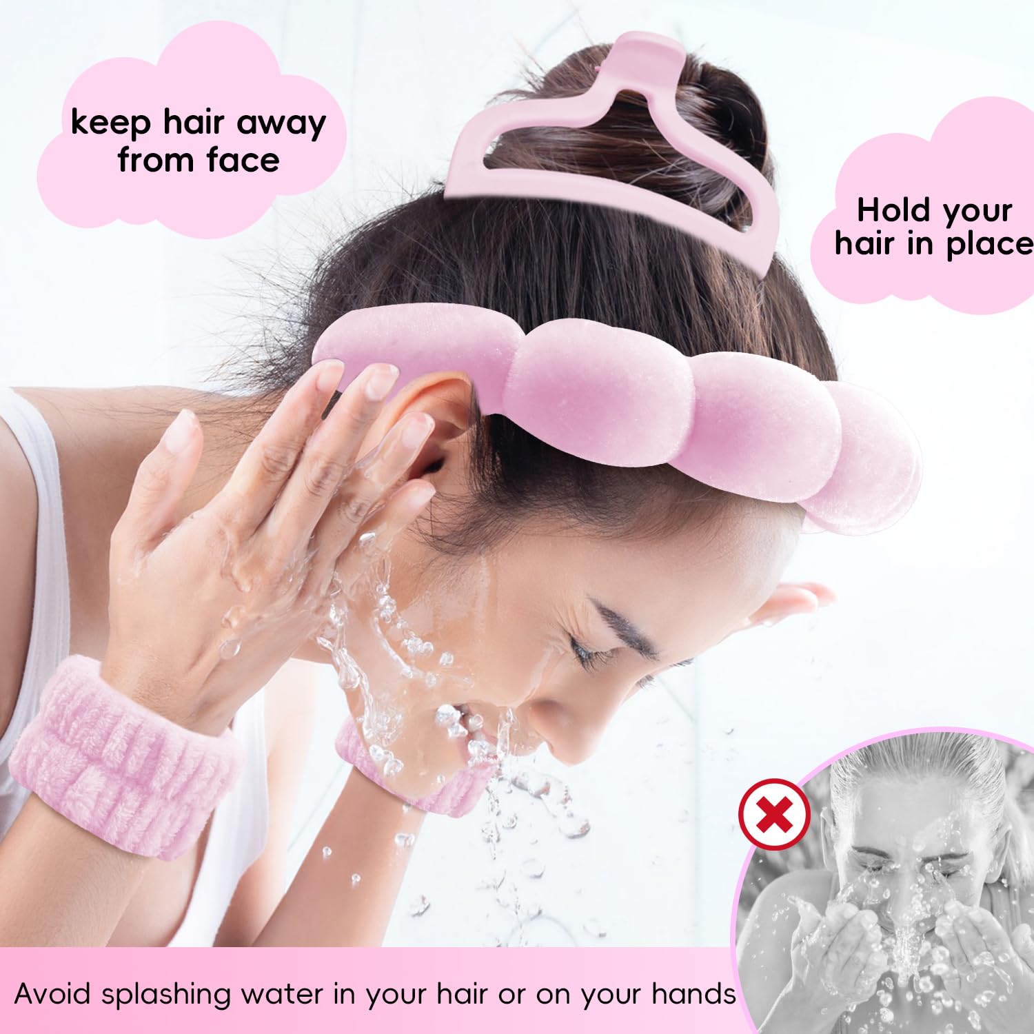 my novel things Spa Headband for Washing Face, Cute Skincare Headband and Wristband With Hair Clips Gift Set for Women Girl, Soft-Puffy Velvet Makeup Headbands (Pink)