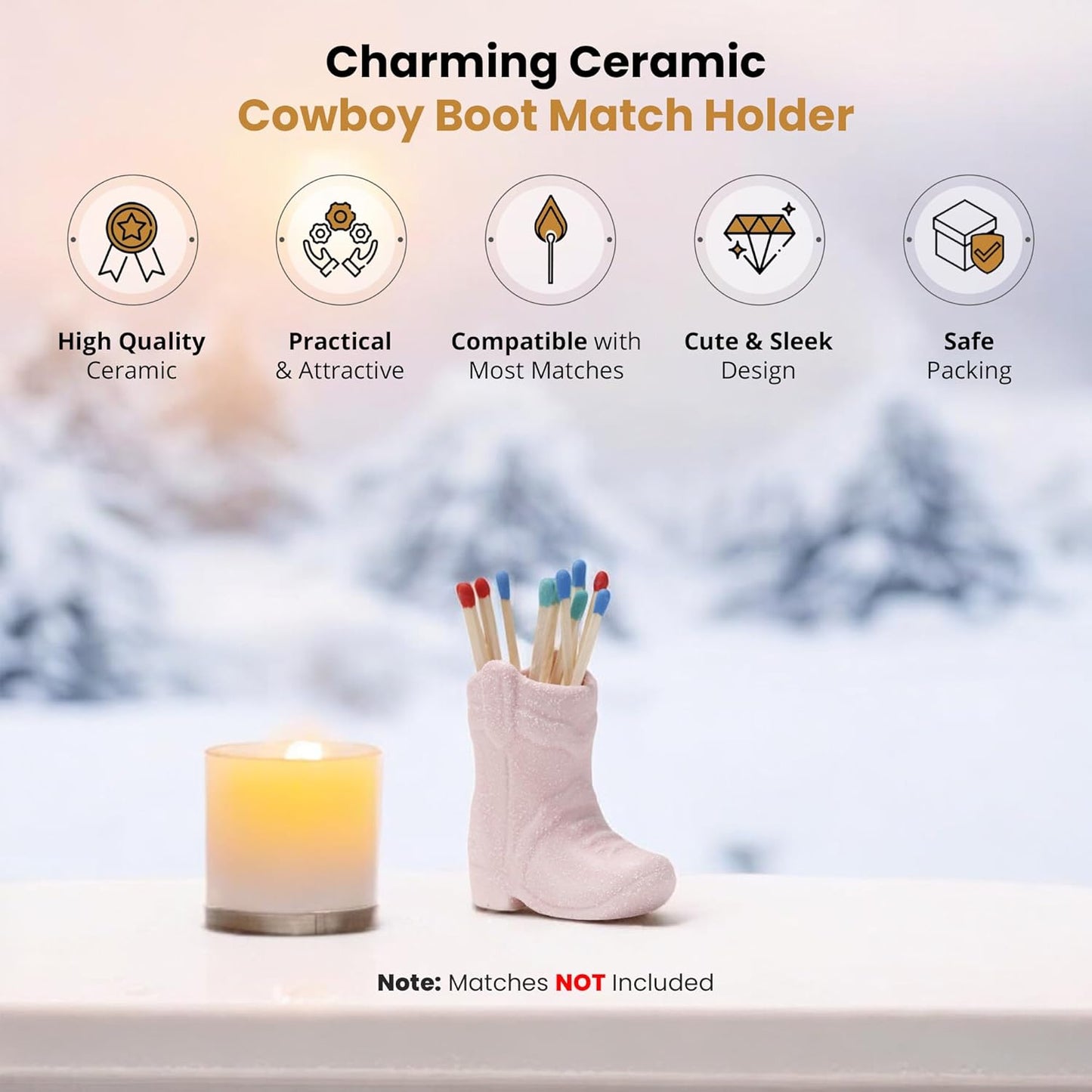 Cowboy Boot Match Holder With Striker for decorative matchsticks Ceramic Cowgirl Boot Decor Aesthetic Small Cute Matchstick Box Western Decorative Mini Matchesboxes For Bathroom Fireplace (Pink)