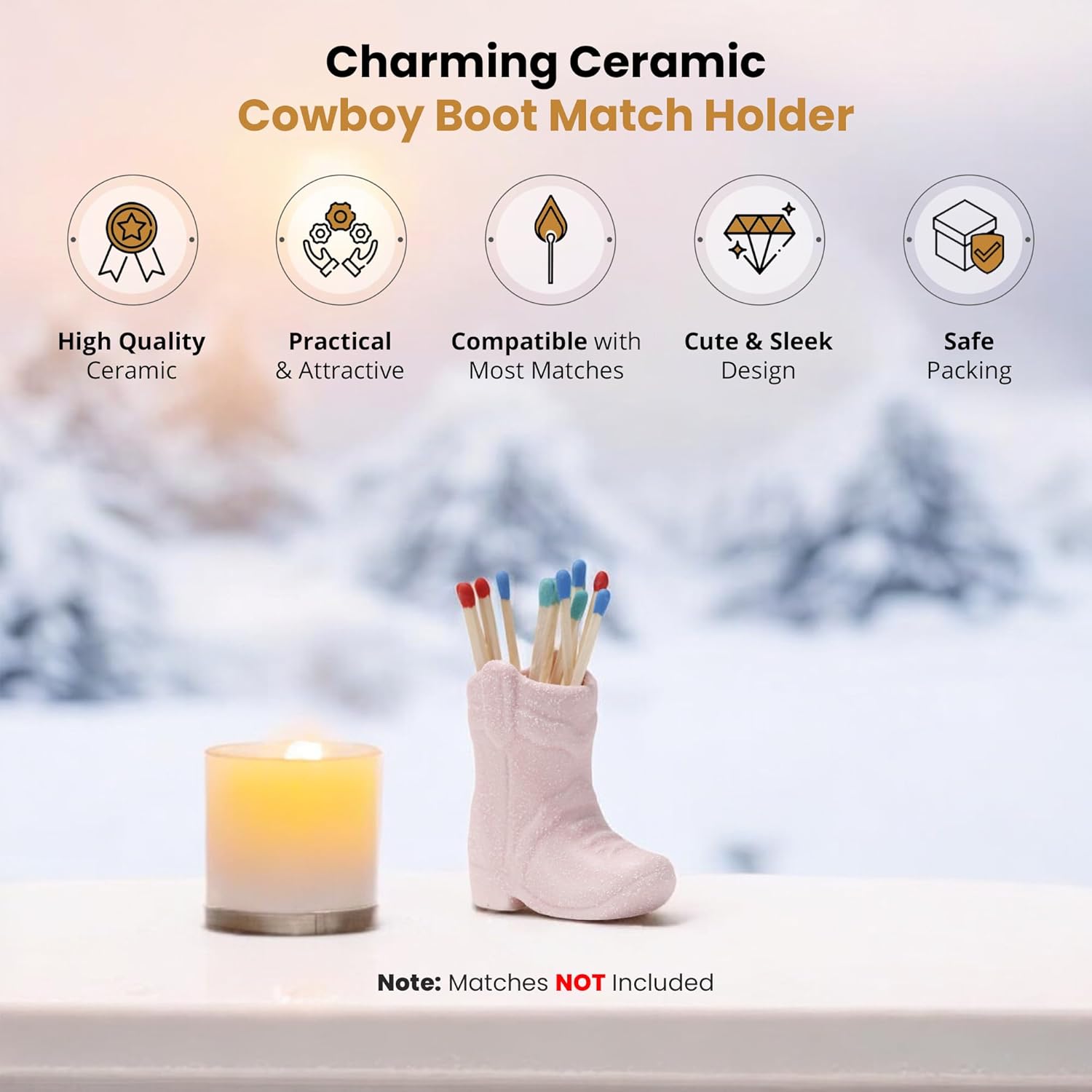 Cowboy Boot Match Holder With Striker for decorative matchsticks Ceramic Cowgirl Boot Decor Aesthetic Small Cute Matchstick Box Western Decorative Mini Matchesboxes For Bathroom Fireplace (Pink)