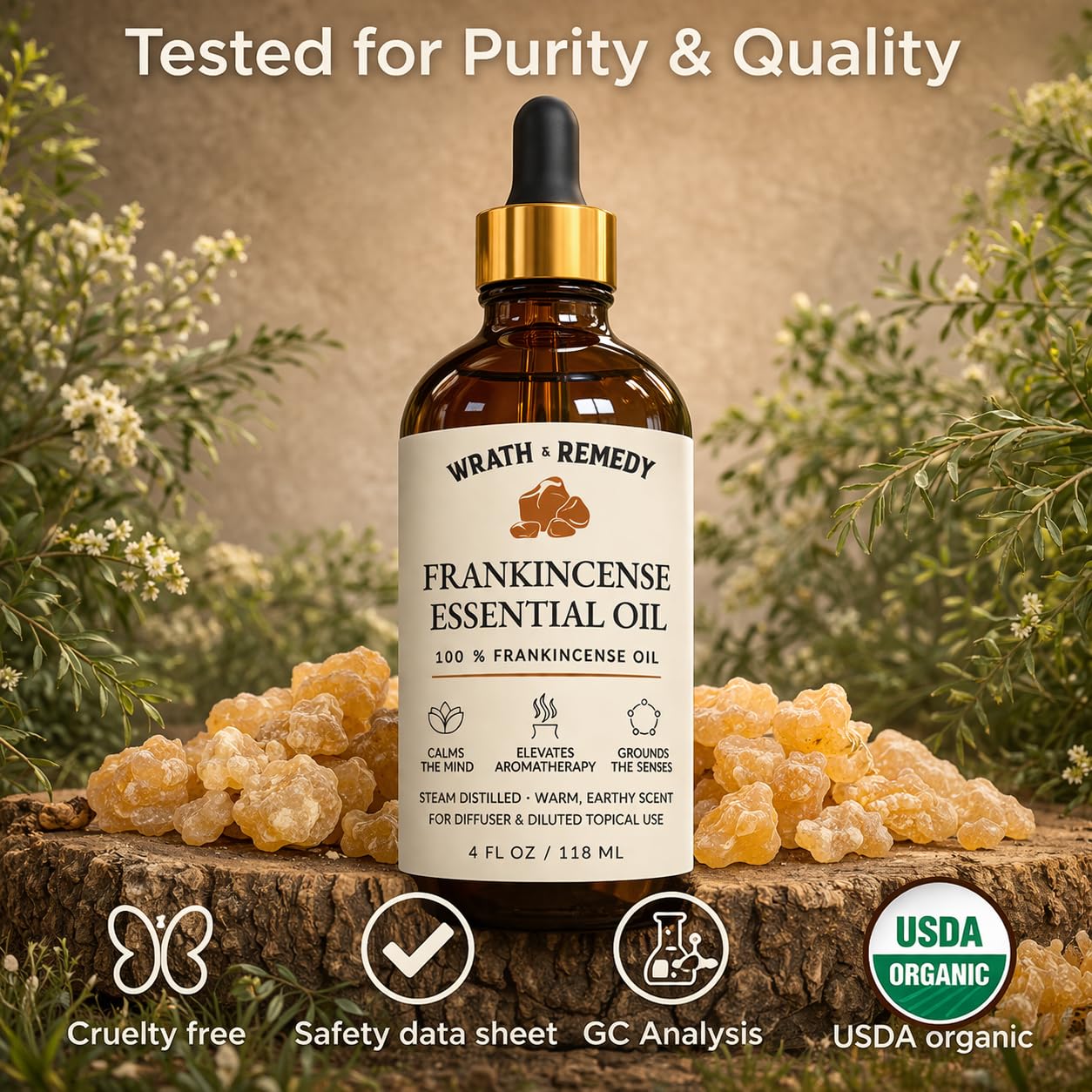 Organic Frankincense Essential Oil — USDA Certified, Premium Steam-Distilled & Undiluted Boswellia Resin — 100% Pure Frankincense Oil for Skin, Aromatherapy, Diffuser & More (Amber Glass Bottle, 4OZ)
