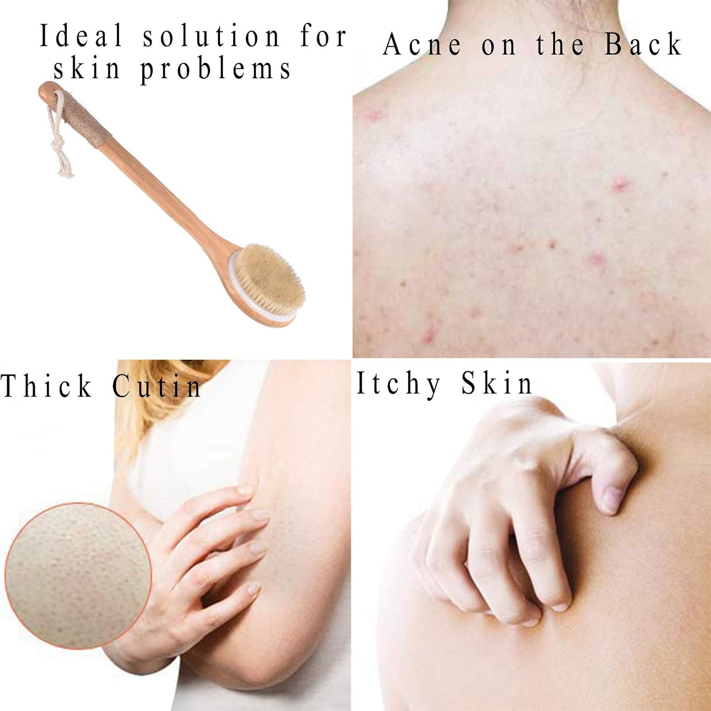 Dry Bath Body Brush Back Scrubber with Anti-Slip Long Wooden Handle, Natural Bristles Body Massager, Perfect for Exfoliating, Detox and Cellulite, Blood Circulation, Good for Health