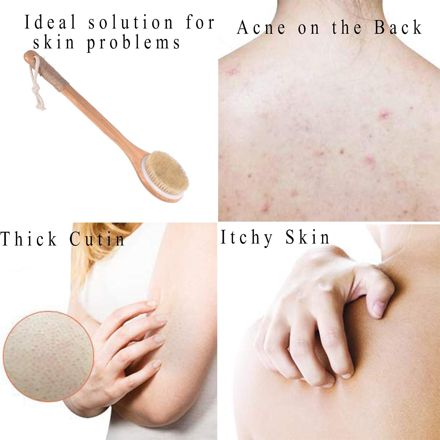 Dry Bath Body Brush Back Scrubber with Anti-Slip Long Wooden Handle, Natural Bristles Body Massager, Perfect for Exfoliating, Detox and Cellulite, Blood Circulation, Good for Health