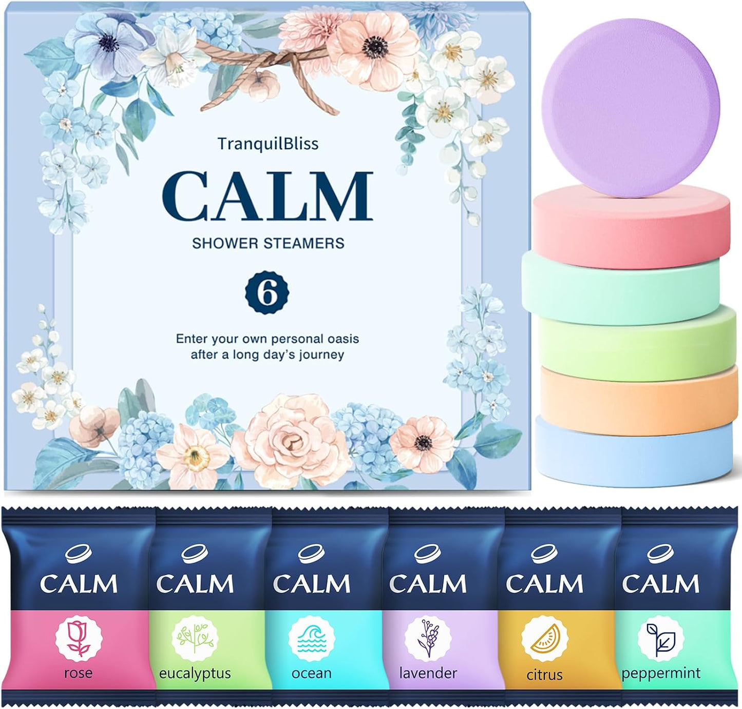 TranquilBliss Shower Steamers 6 Count, Shower Steamers with Natural Ingredients, 6 Different Scents & Individually Wrapped, Christmas and Birthday Good Option for Her, Mom, Friends