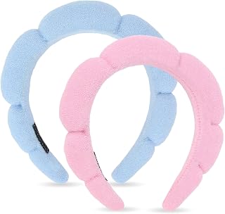 ANBALA Spa Headband for Women 2 Pack - Sponge Makeup, Puffy Skincare, Terry Cloth Shower Headband for Girls (Pink/Blue)