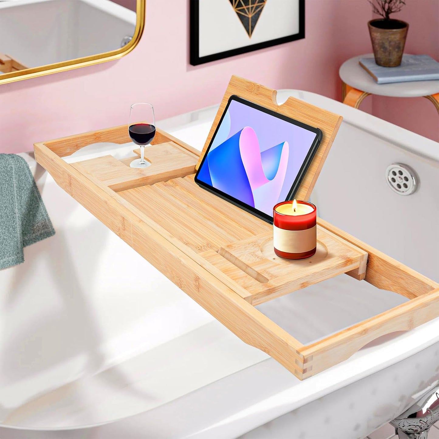Bathtub Tray Caddy,Bamboo Bathroom Accessories,Expandable Bath Tray,Can be Placed Book and Integrated Tablet Smartphone and Wine Holder,Relaxing Gifts for Women(Natural)