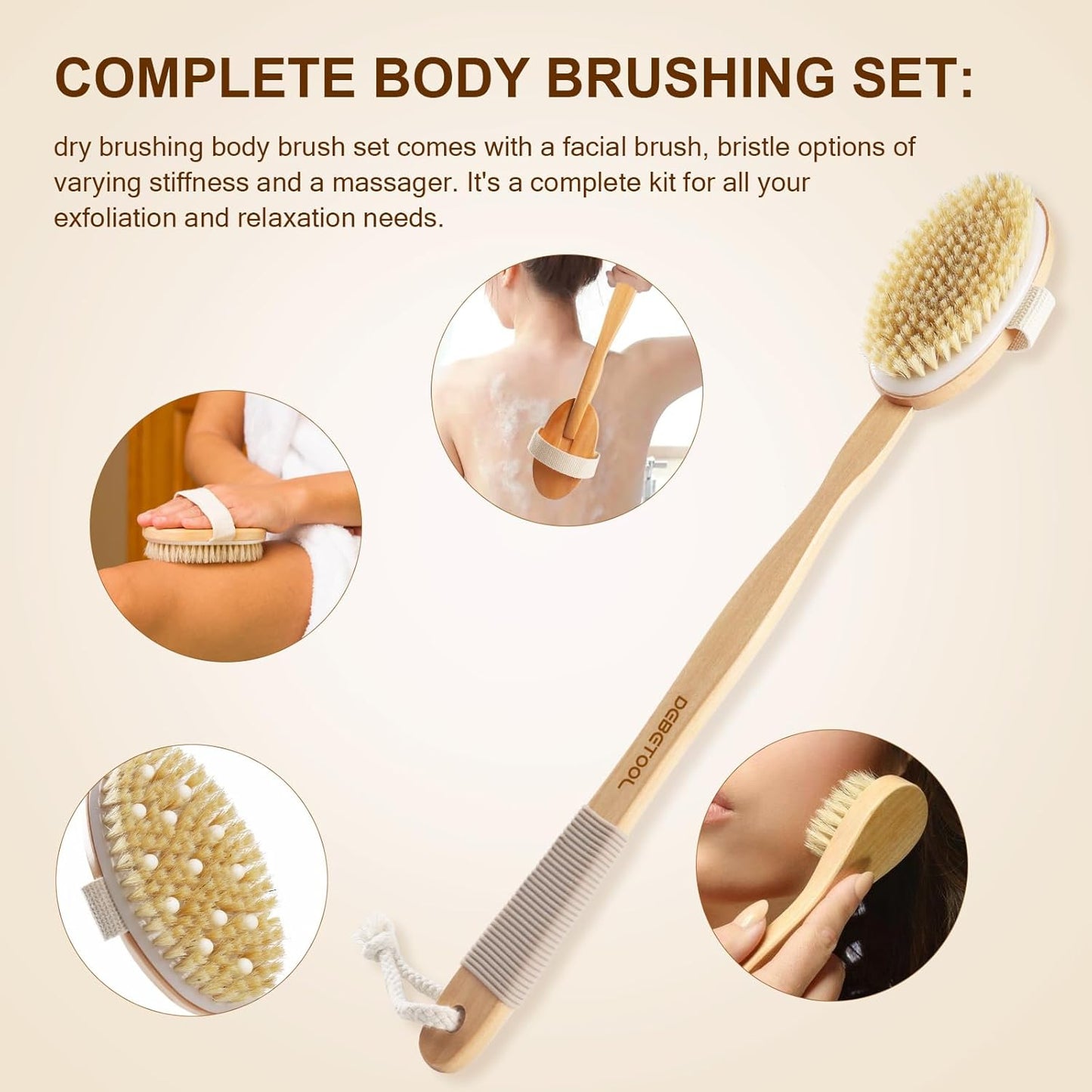 DEBETOOL Dry Brushing Set - Natural Boar Bristle Body & Face Brush, Wooden Long Handle Scrub Brush for Cellulite & Lymphatic Drainage Body Care, Detachable, 3 Brush Heads