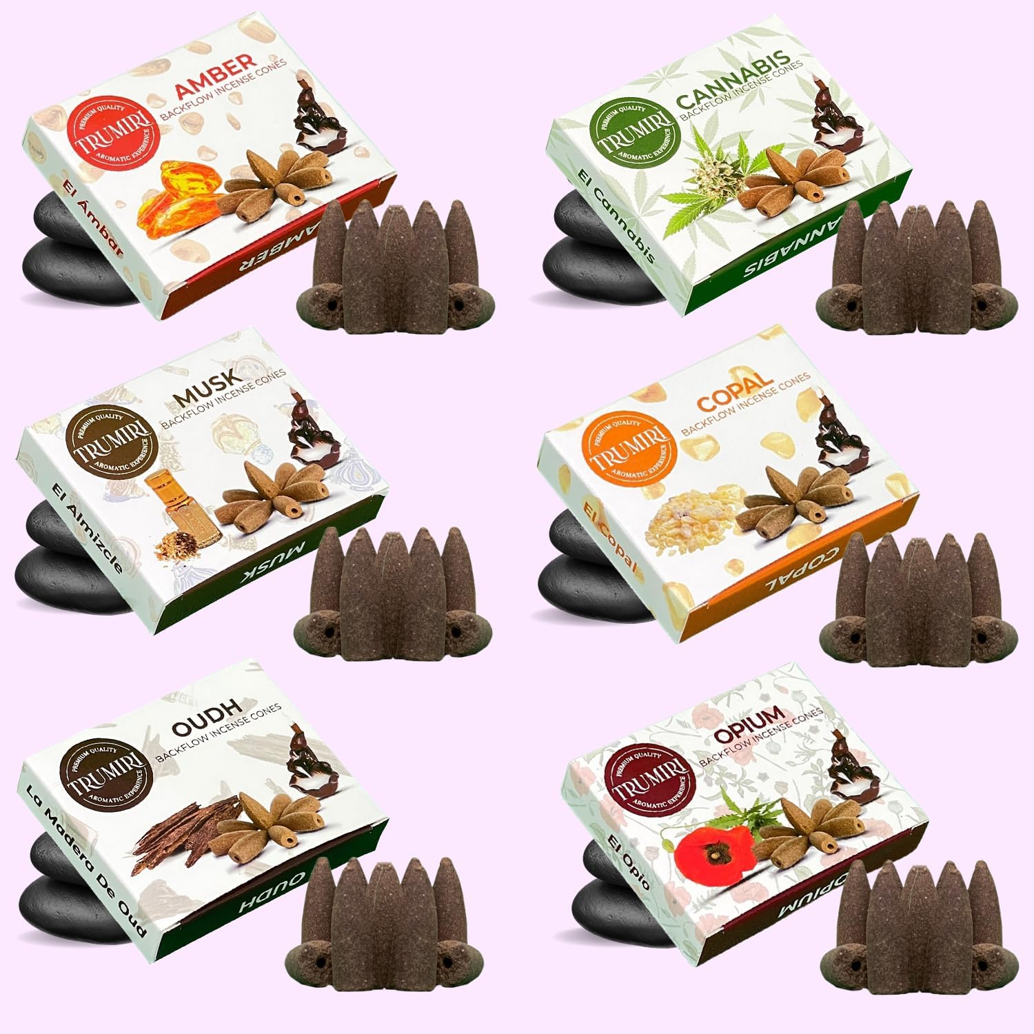 Exotic - Backflow Incense Cones for Waterfall - Scented Inscents-Cones - Copal, Amber, Musk, Oud - Insiensos Aromaticos - 6x10=60 Large Variety Pack