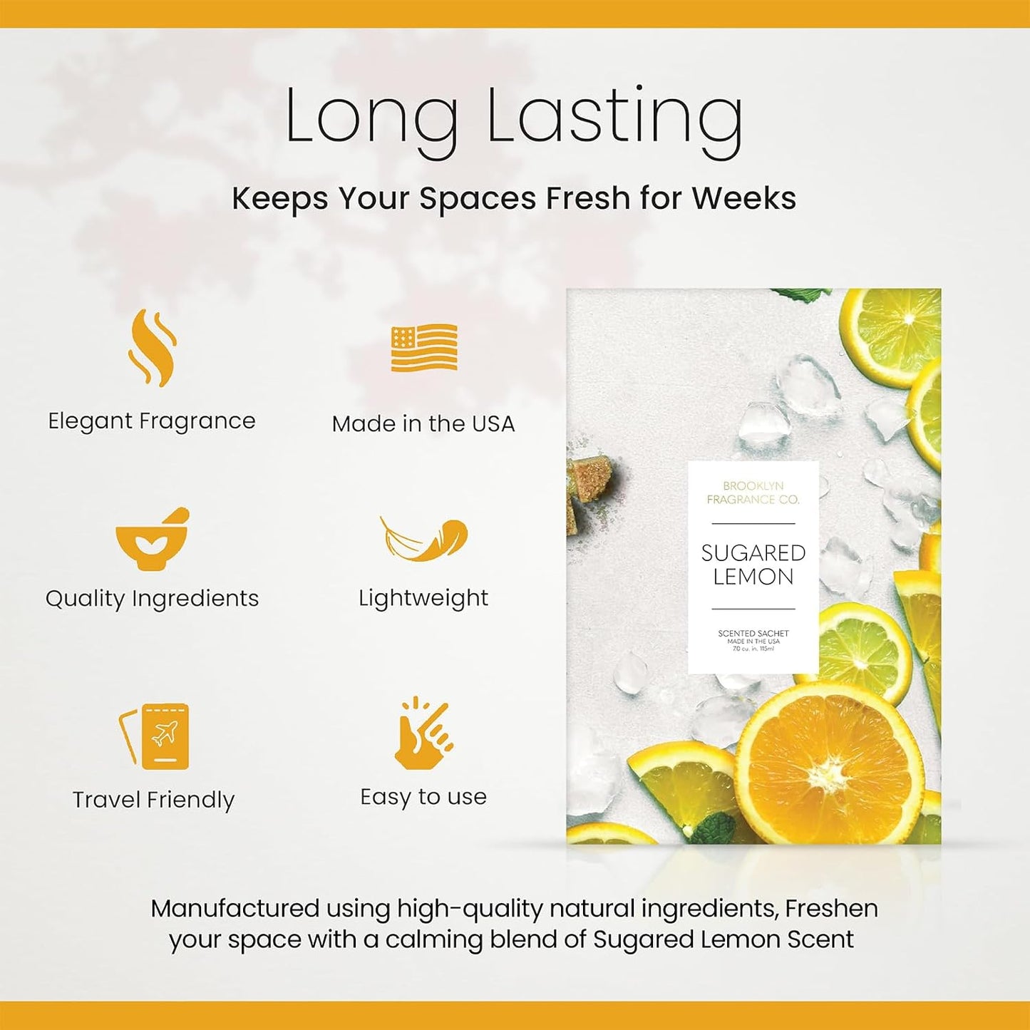 Brooklyn Fragrance Co. Fruits Sachet Bags – Sugared Lemon Scented Pouches – Perfect Aroma for Drawers, Closets, Cars and Bathrooms – Long-Lasting Fresh Scent Sachets (6- Pack)