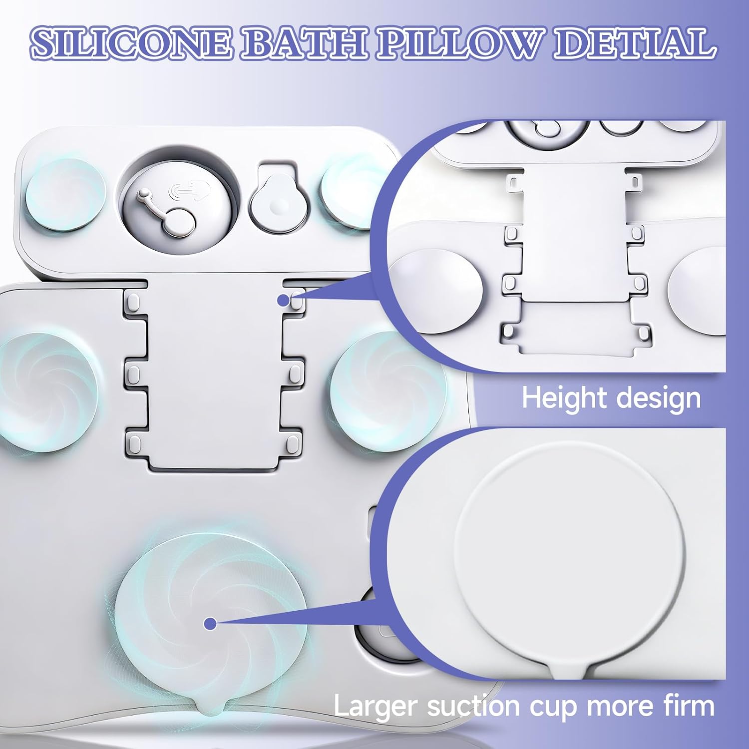 Silicone Bath Pillow, Upgraded Bath Pillows for Tub, Adjustable Height Bathtub Pillow for Head and Neck, 4D Luxury Tub Pillow Skin-Friendly Large Suction Cups Stability, Spa Relaxation-White