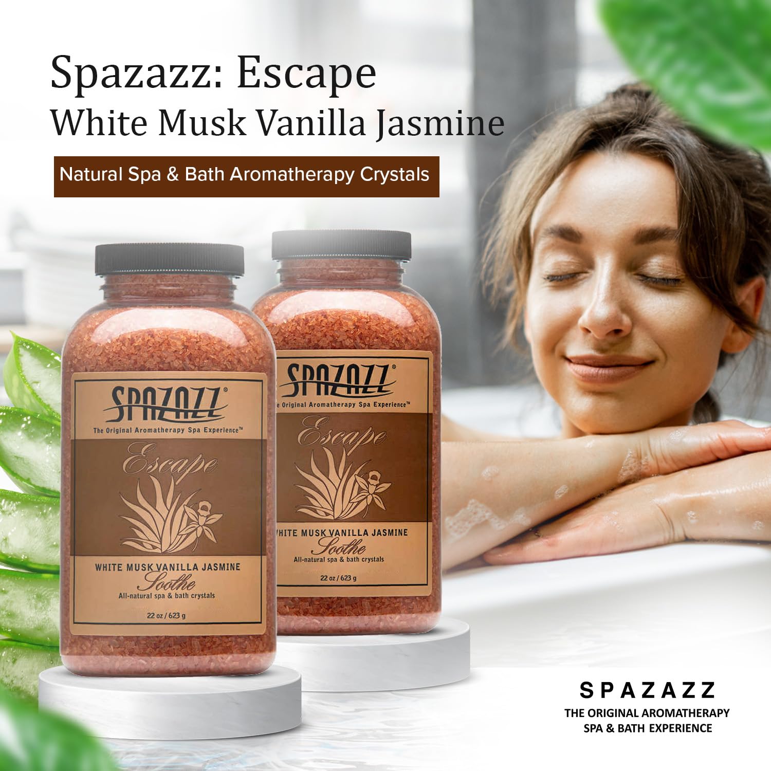 Spazzaz Escape Hot Tub & Spa Bath Salt Aromatherapy Crystals – 22oz White Musk Vanilla Jasmine Scented Bath Salts – Mineral Soaking Salts for Relaxing Bath Experience