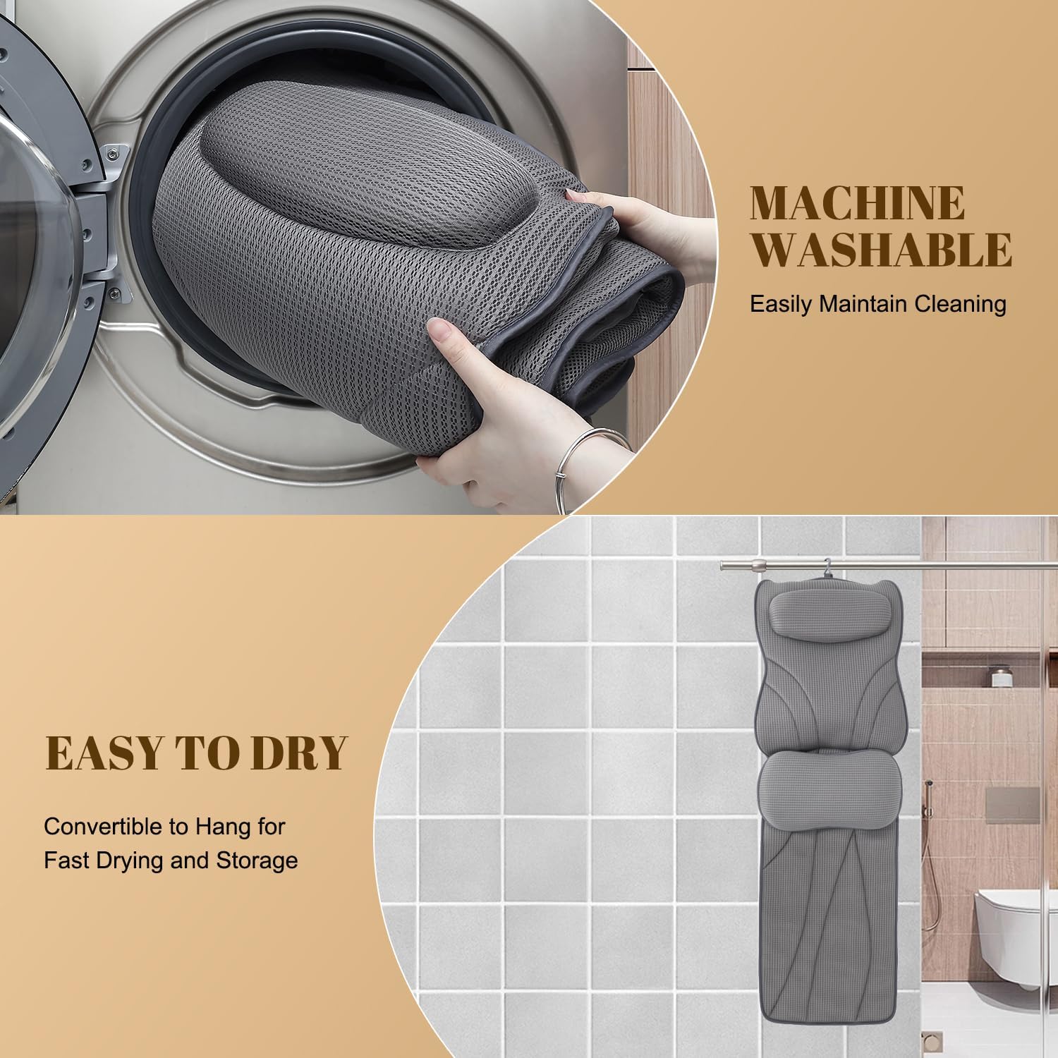 Extra Long Thick Full Body Bath Pillow for Tub with Lumbar Pillow- Luxury 4D Air Mesh Bathtub Pillow with Head, Shoulder & Back Support, Non-Slip Bath Cushion with Suction Cups (Gray)