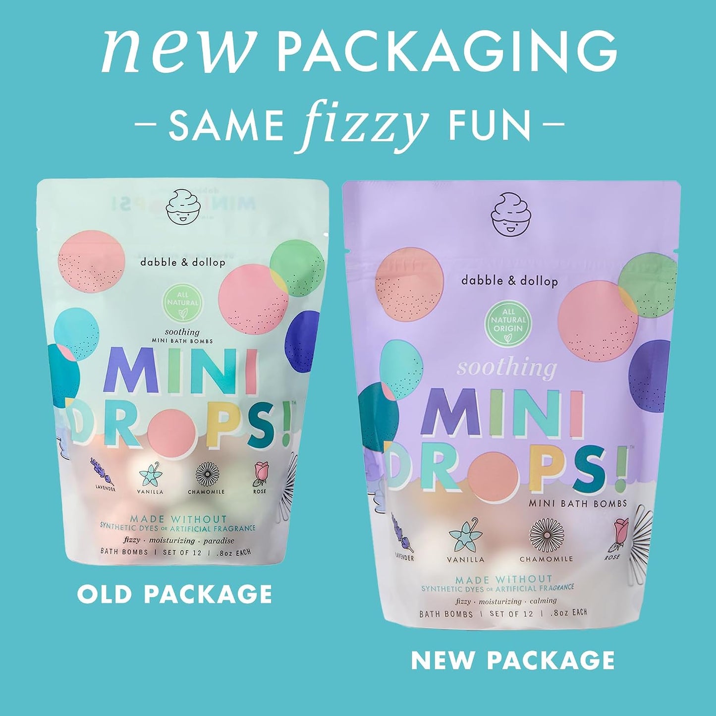 Dabble & Dollop Mini Bath Bombs, Soothing Scents - Natural Origin, Mixable Scents, Clean Ingredients, No Synthetic Dyes, Toddler & Kids Bath Bombs in Resealable Pouches (Set of 24)