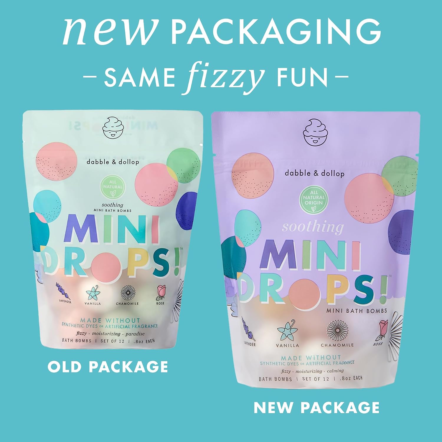 Dabble & Dollop Mini Bath Bombs, Soothing Scents - Natural Origin, Mixable Scents, Clean Ingredients, No Synthetic Dyes, Toddler & Kids Bath Bombs in Resealable Pouches (Set of 24)