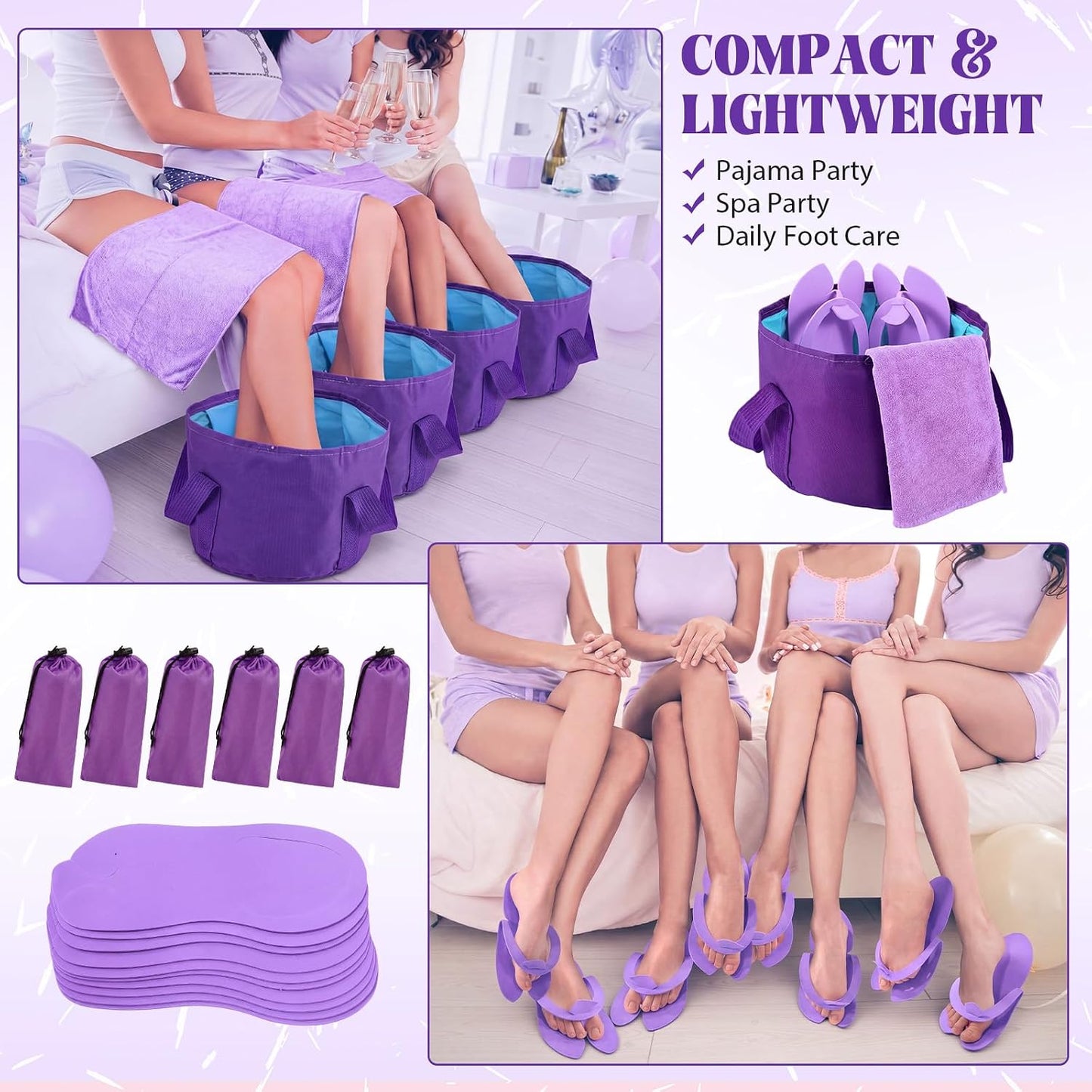 FillTouch 6 Sets Foldable Foot Bath Kit 15L Collapsible Foot Soaking Tub Bathroom Towels Women Adult Foldable Slippers with Storage Bag Spa Soak Pedicure Bath for Travel Camping (Purple)