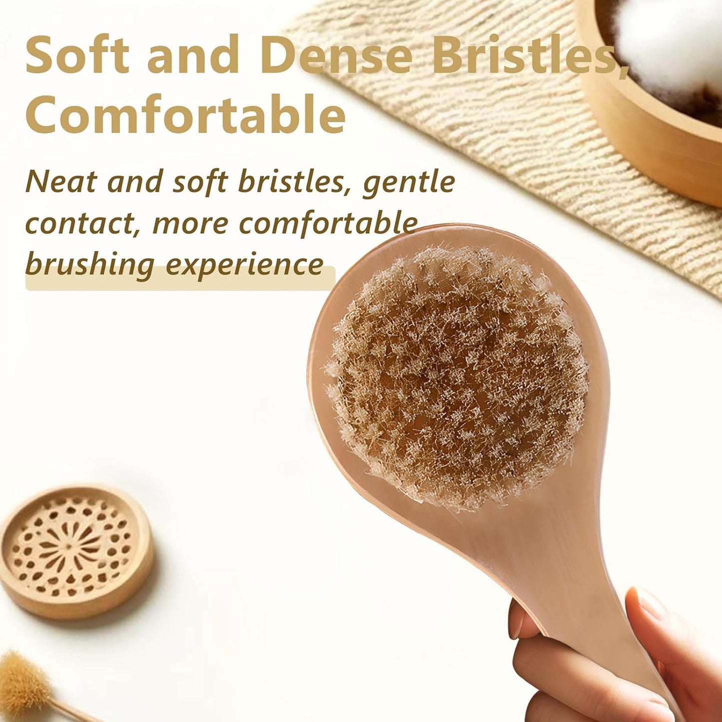 Dry Bath Body Brush with Short Handle, Natural Bristles Back Scrubber, Anti-Slip Wooden Handle for Exfoliation, Blood Circulation, and Cellulite Reduction, Brown