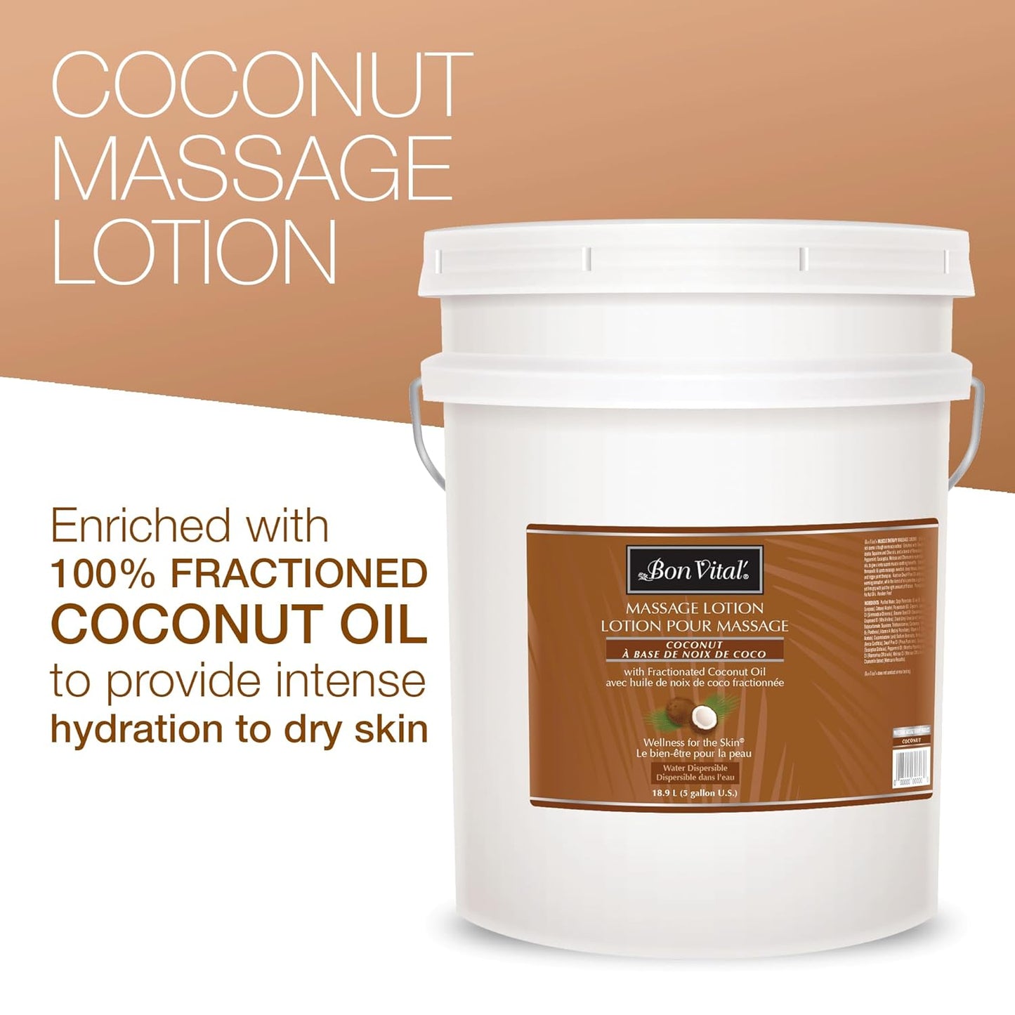 Bon Vital' Coconut Massage Lotion, 5 Gallon, Lightweight Formula with Pure Fractionated Coconut Oil, Professional Therapy Lotion, Hydrating and Unscented