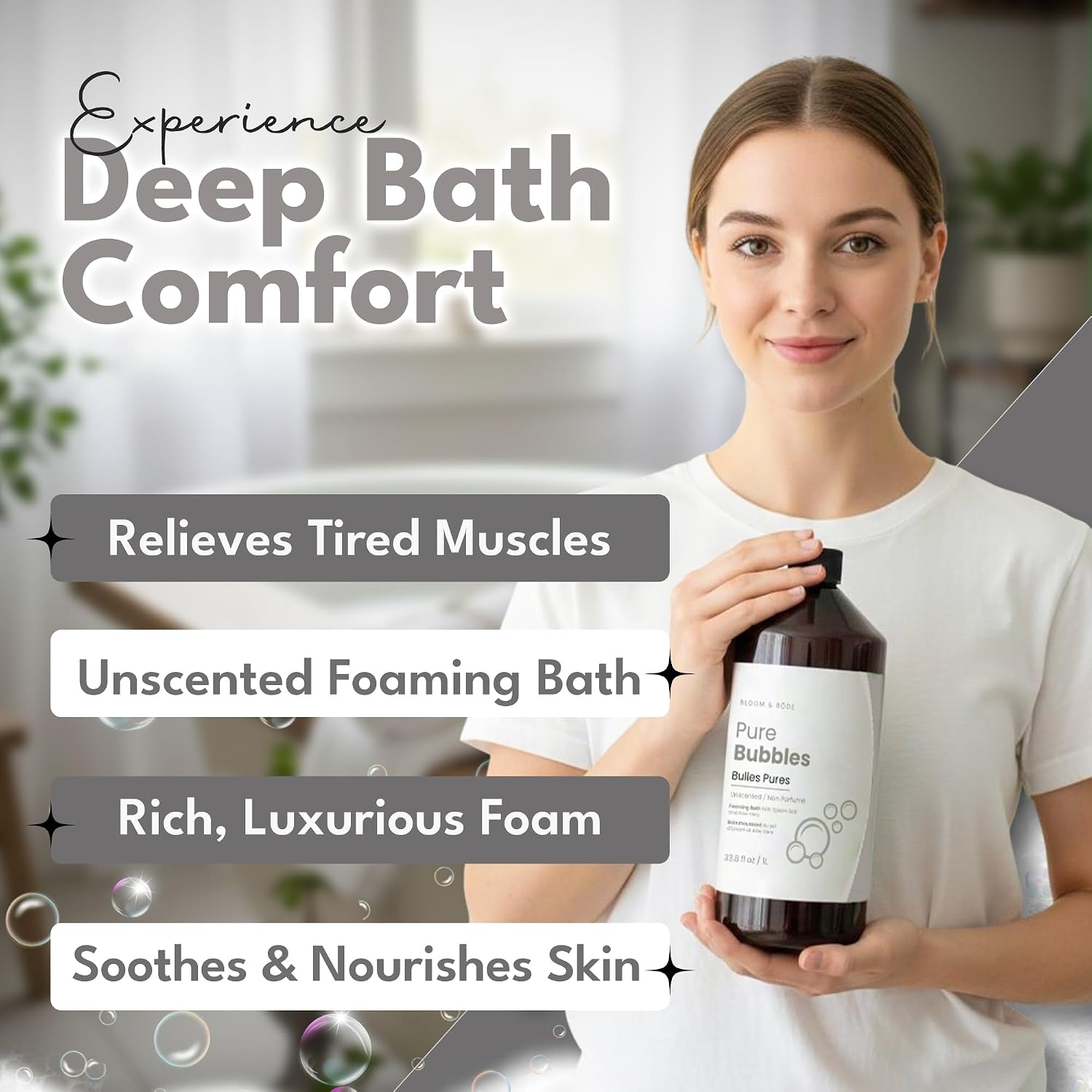 Luxury Unscented Foaming Bath - Natural Fragrance-Free Bubble Bath with Aloe Vera and Epsom Salt - Pure Bubbles Scent (Unscented), 33.8 fl oz / 1L