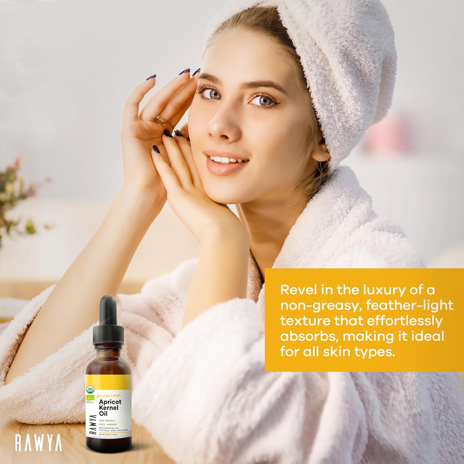 RAWYA Apricot Seed Oil - Cold-Pressed - USDA Organic, Unrefined - Premium Moisturizer Oil for Hair and Skin - Lightweight Texture - Rich in Vitamins A & E - All Skin Type - Glass Bottle - 1.7 Oz