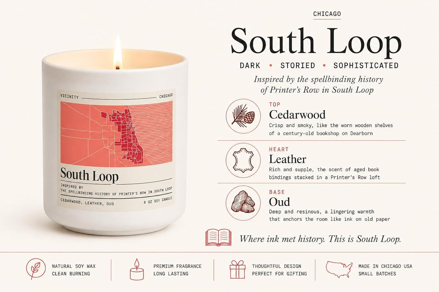 Vicinity South Loop, Hand-Poured Soy Candle | Cedarwood, Leather & Oud | 9 oz, 45-50 Hour Burn | Gift Ready | Woman-Owned