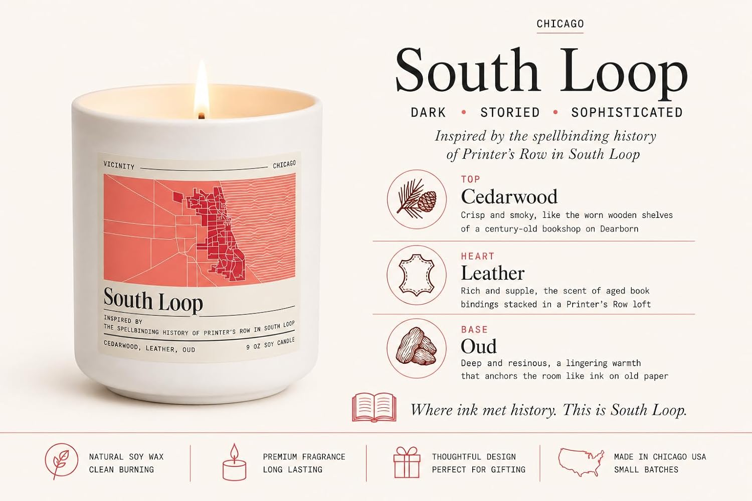 Vicinity South Loop, Hand-Poured Soy Candle | Cedarwood, Leather & Oud | 9 oz, 45-50 Hour Burn | Gift Ready | Woman-Owned