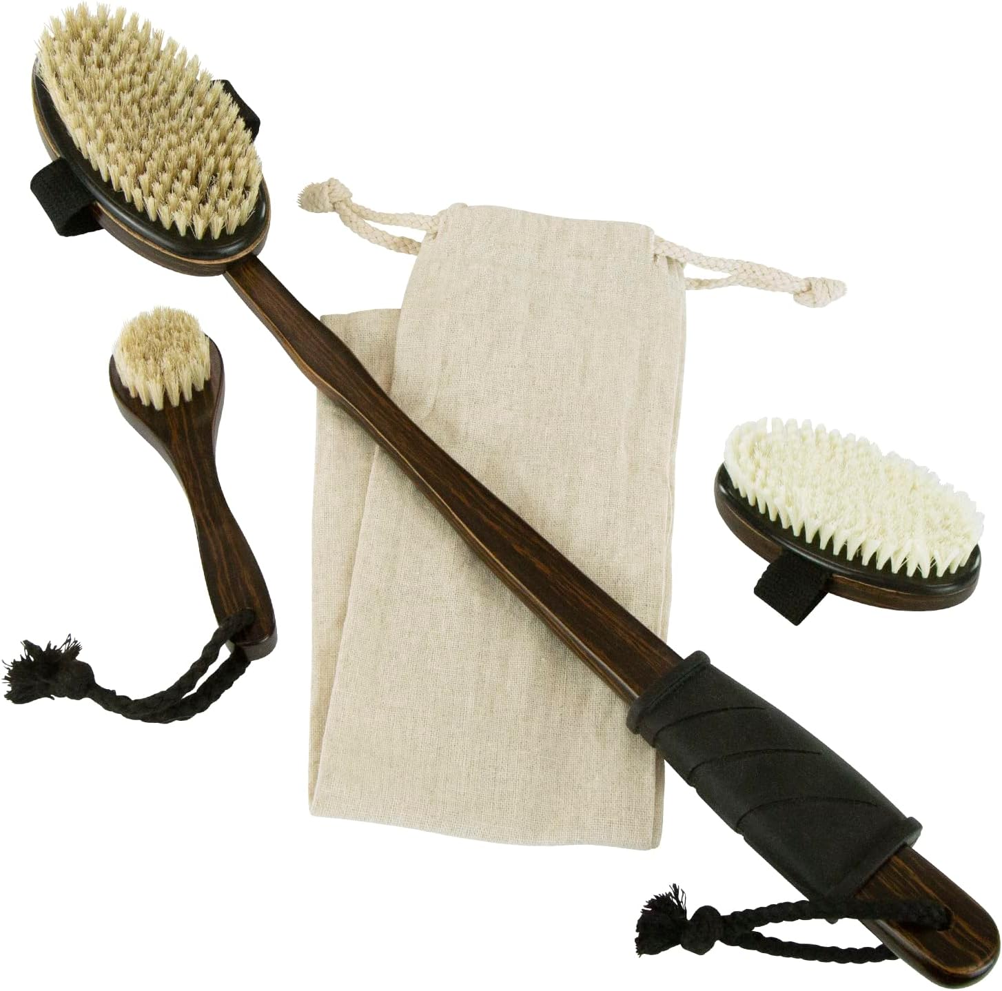 Vive Dry Brush Set for Lymphatic Drainage (3 Pack) - Brushing Scrubber for Exfoliating, Body Cellulite and Skin Massage - 100% Natural Boar Hair Bristles, 19” Long Dark Wooden Handle w/Storage Bag