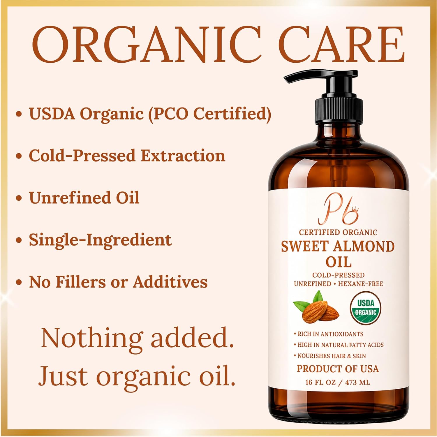 Pomberries Almond Oil 16 fl oz, USDA Organic Cold-Pressed Sweet Almond Oil for Skin, Hair & Body, Premium Organic Carrier Oil in Glass Bottle with Pump, Non-Greasy, Unscented, Hexane-Free