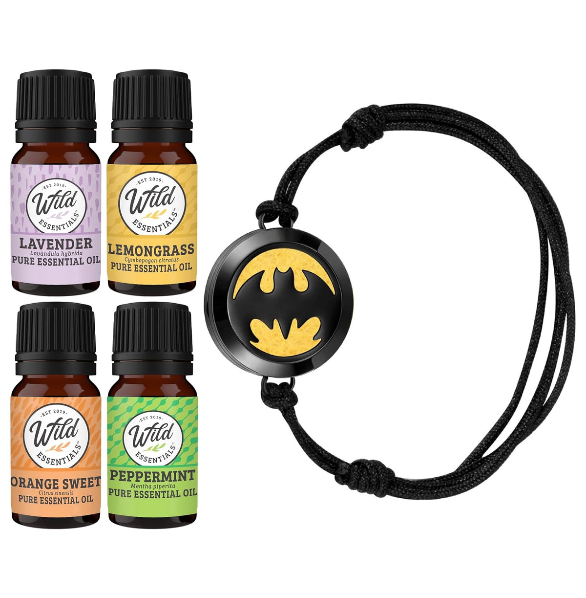 Wild Essentials Black Chrome Bat Essential Oil Diffuser Bracelet Gift Set with Aromatherapy Pendant