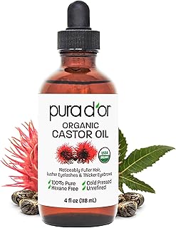 PURA D'OR Organic Castor Oil – Pure Cold-Pressed, Hexane-Free, USDA Certified - Hair, Lashes, Brows, Scalp, Skin: Supporting Softness, Strength, Hydration, Shine & Radiance 4 Oz Hair Regrowth Tonic